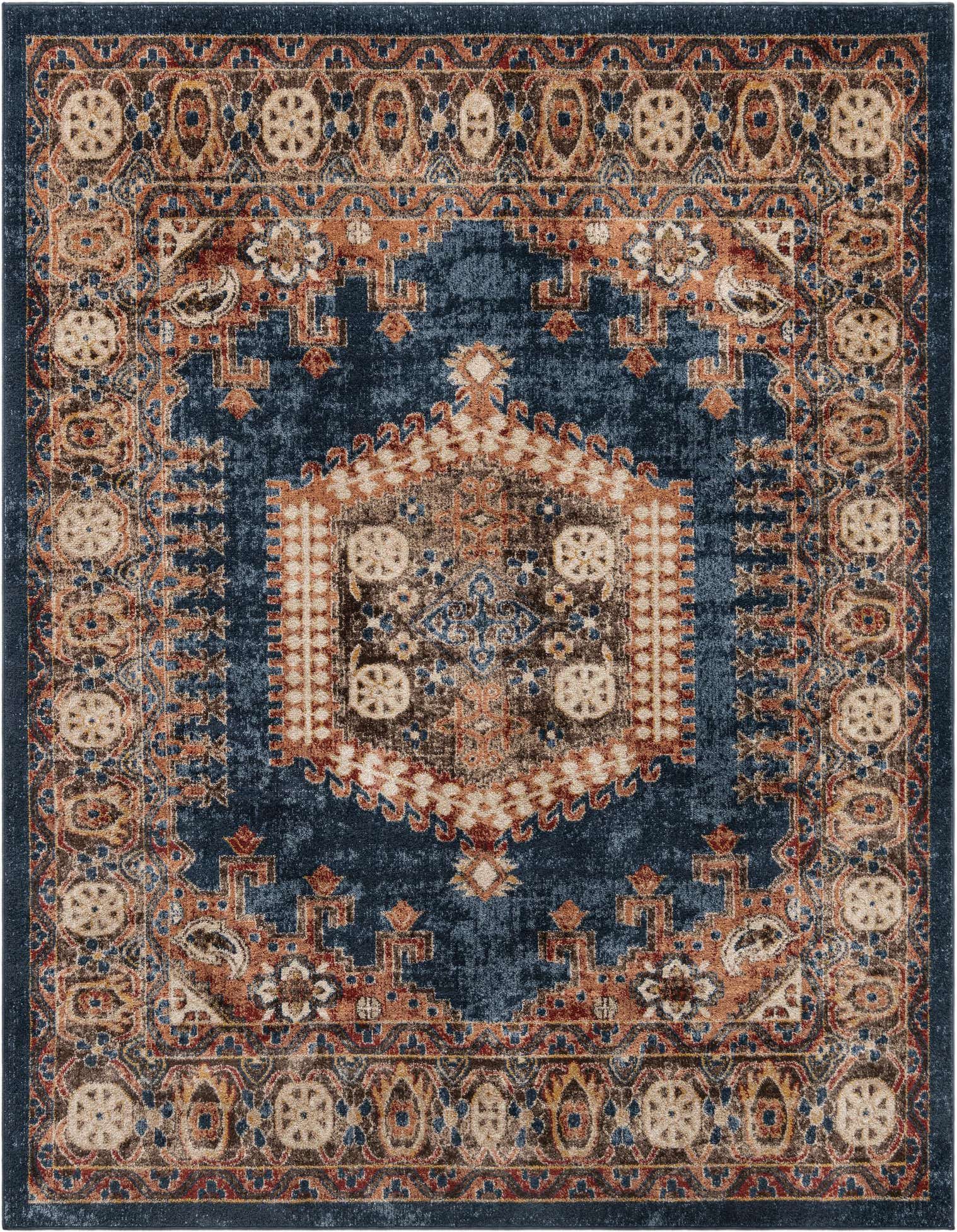 A 7' 10 x 7' 10 square Eden collection rug featuring a distressed traditional medallion pattern in shades of blue, brown, and cream.