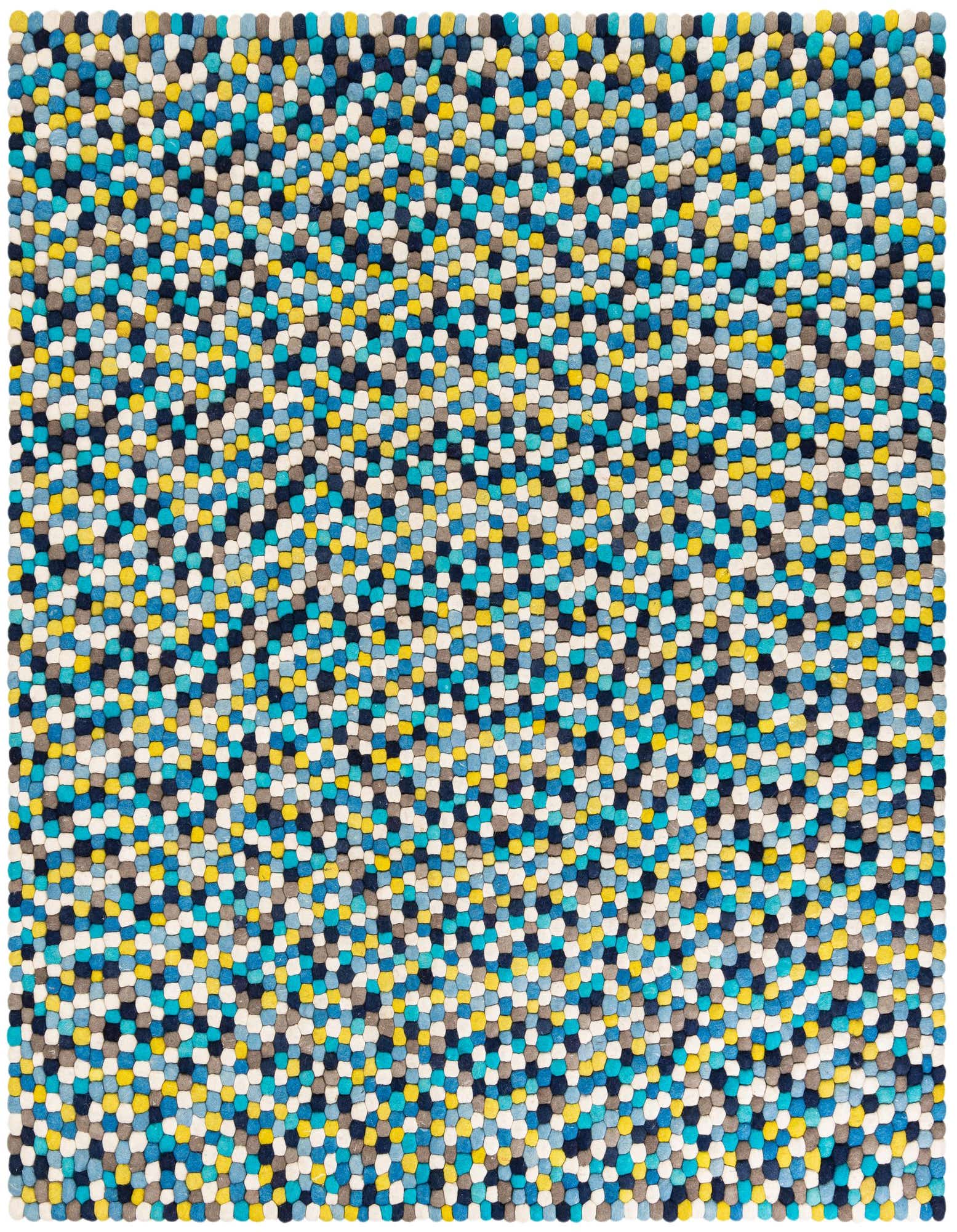 A square 7' 10 x 7' 10 Felt Ball rug featuring a vibrant, textured pattern of blue, yellow, white, and gray wool felt balls.
