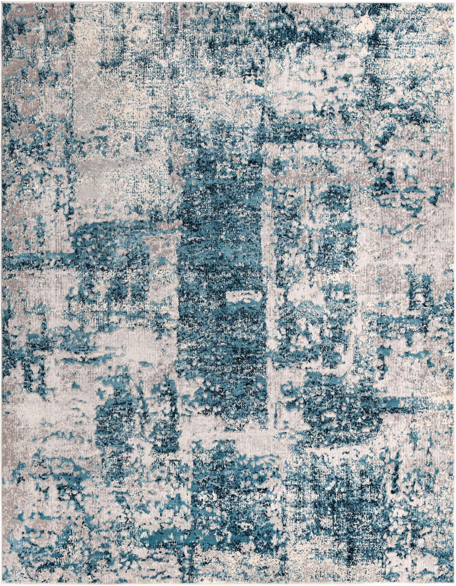 A 7' 10 x 7' 10 square Finsbury rug featuring an abstract, distressed pattern in various shades of blue and light gray.
