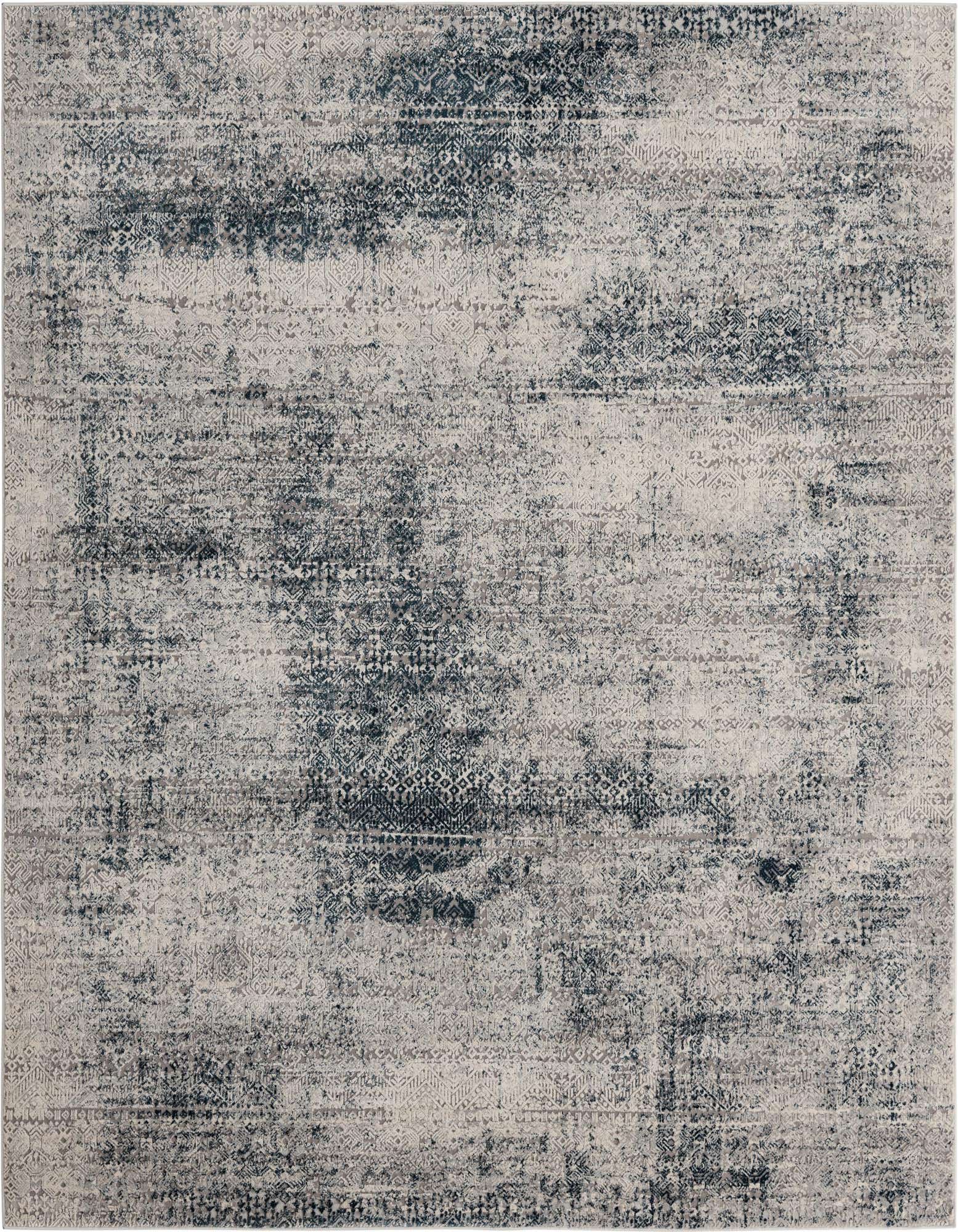 A 7' 10 x 7' 10 square Finsbury rug in varying shades of blue, featuring a distressed modern pattern with subtle texture.
