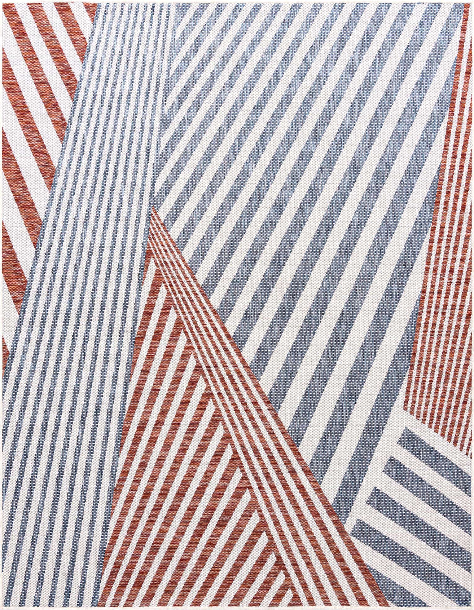 A square 7' 10 x 7' 10 indoor/outdoor rug with a modern eclectic stripe pattern in shades of blue and terracotta.