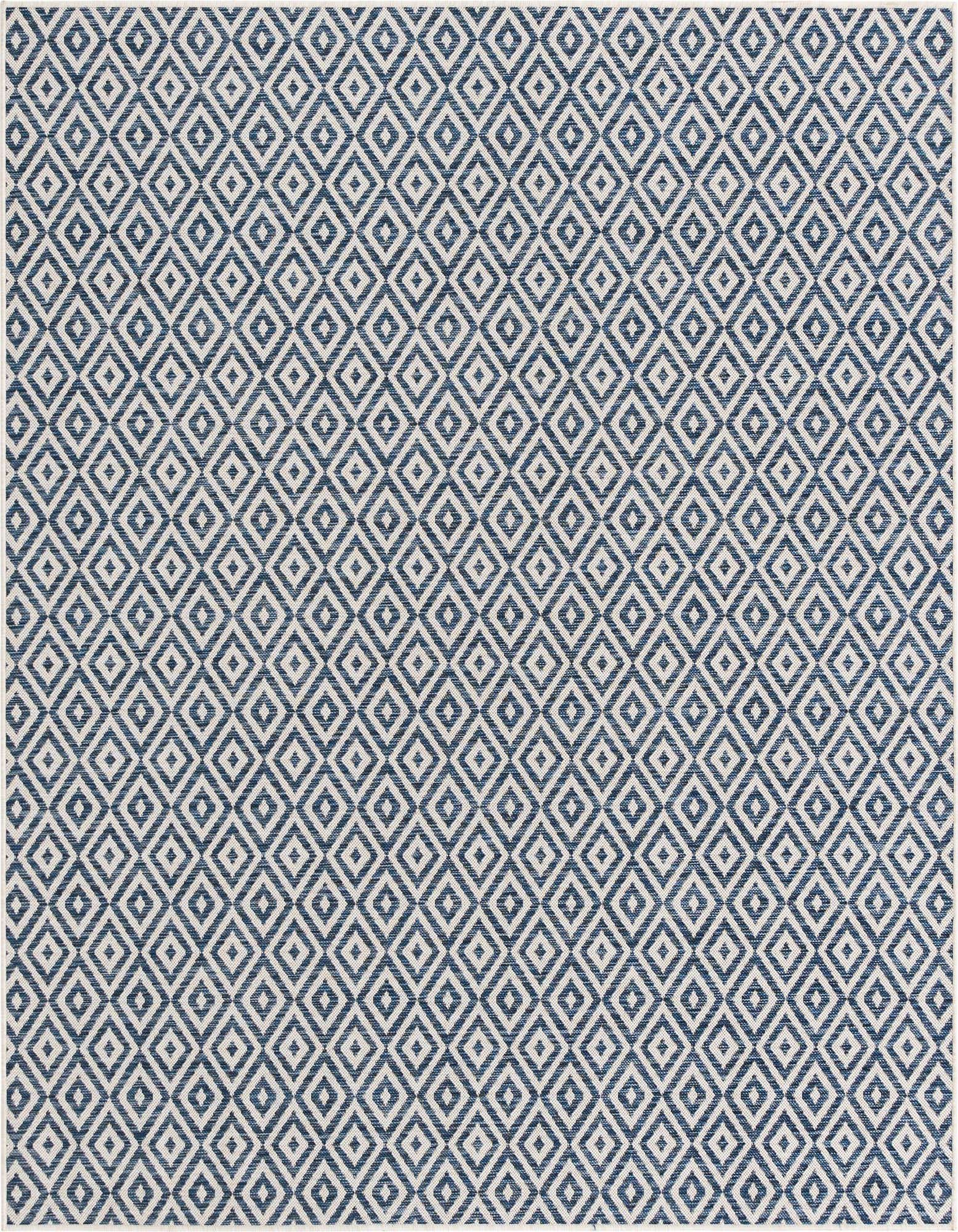 A 7' 10 x 7' 10 square blue and white Bohemian trellis rug with a textured flatweave pile.