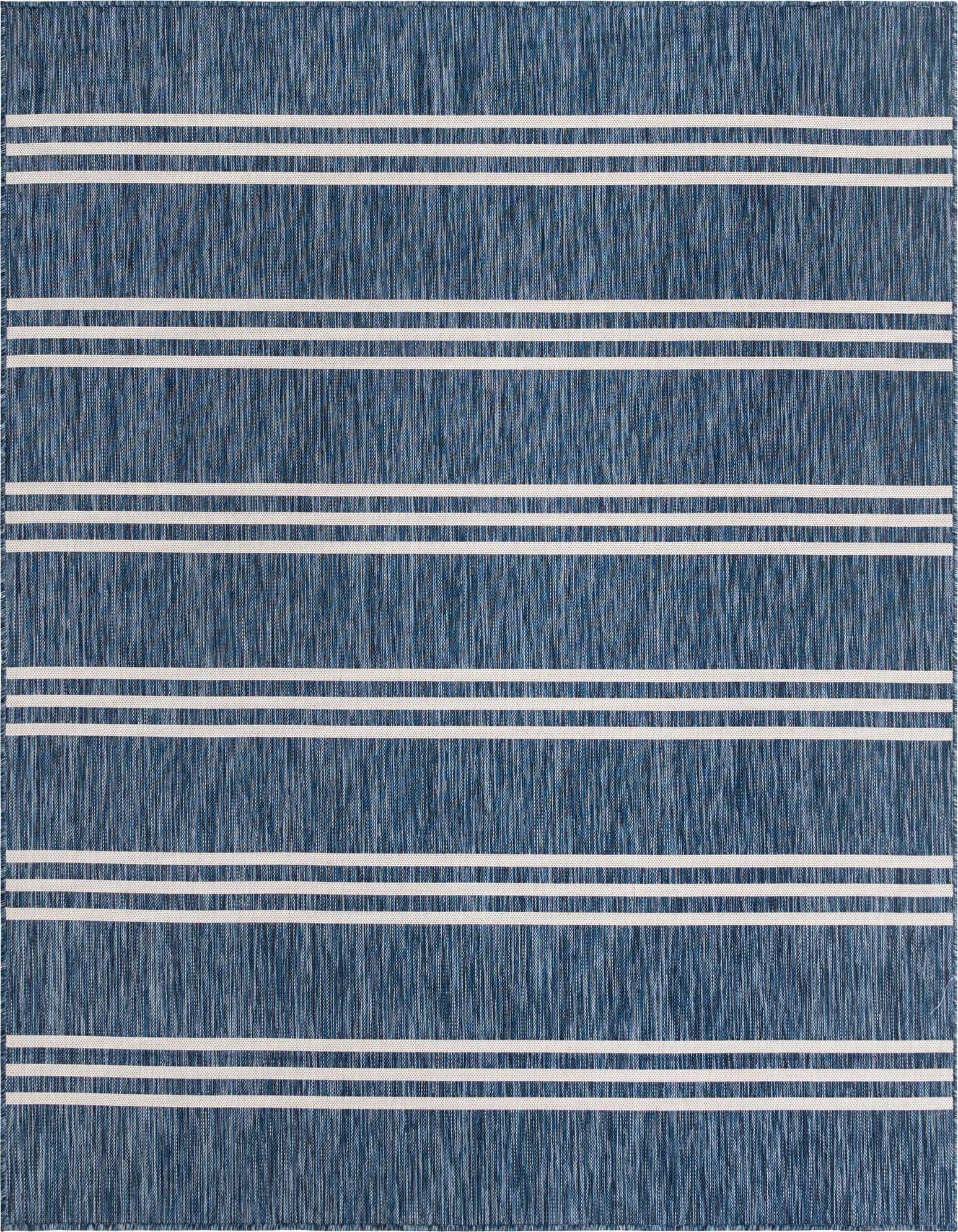 A 7' 10 x 7' 10 square blue indoor/outdoor rug with horizontal white stripes, perfect for a patio.