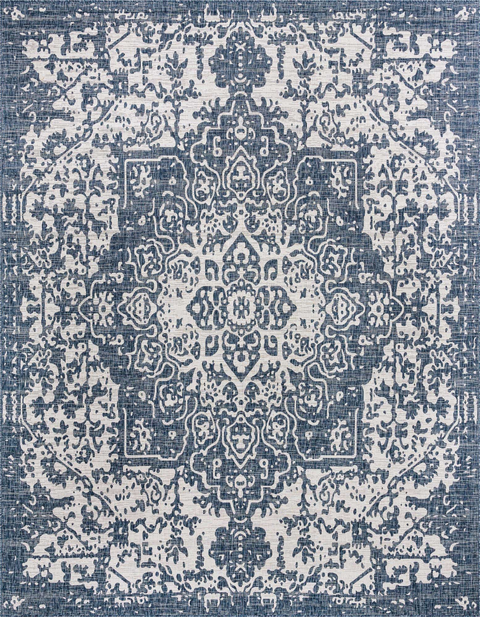 A 13x13 square blue and white medallion rug with a traditional yet modern distressed pattern, suitable for indoor or outdoor use.