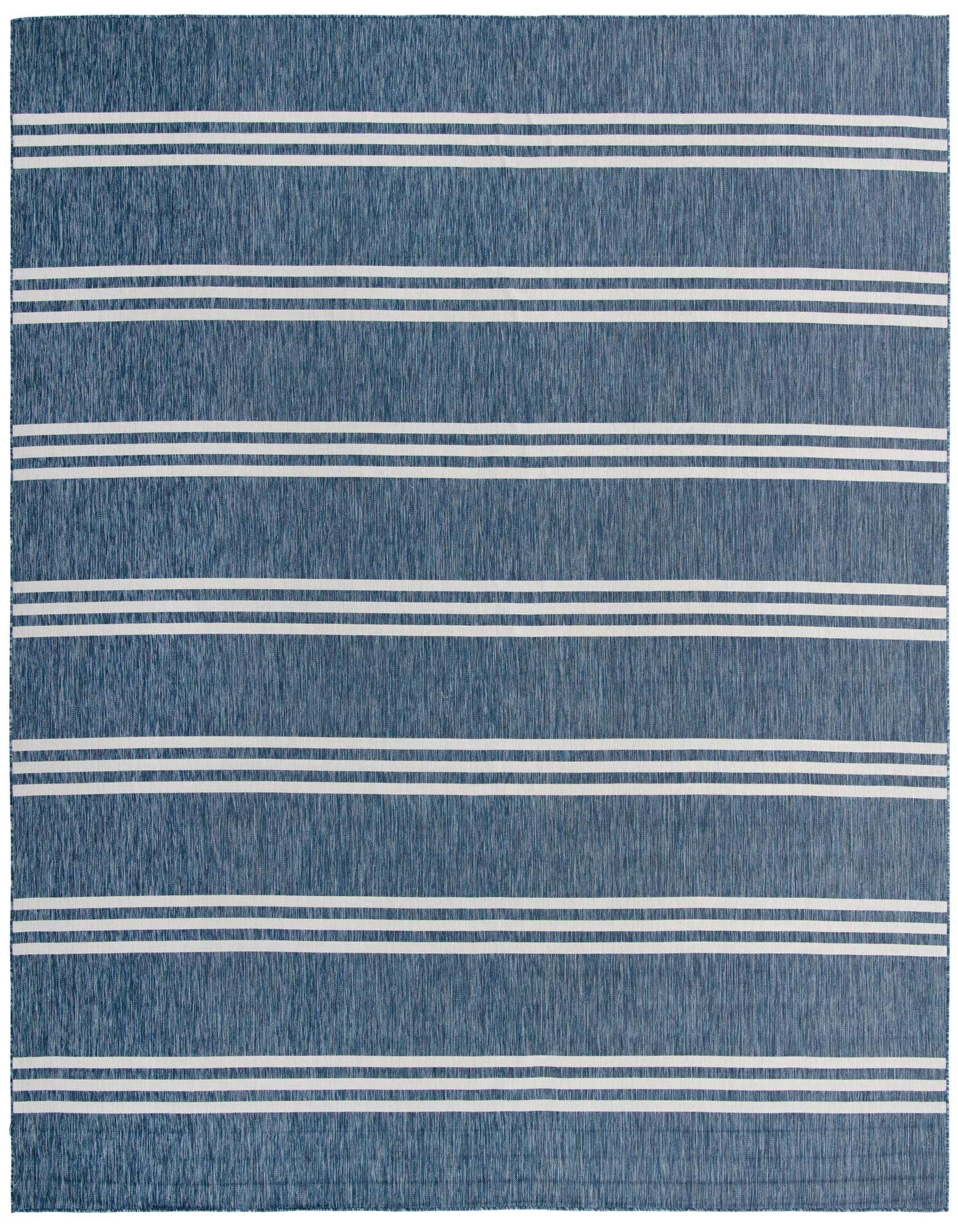A 13' square blue indoor/outdoor rug with horizontal white stripes, perfect for a patio or deck.