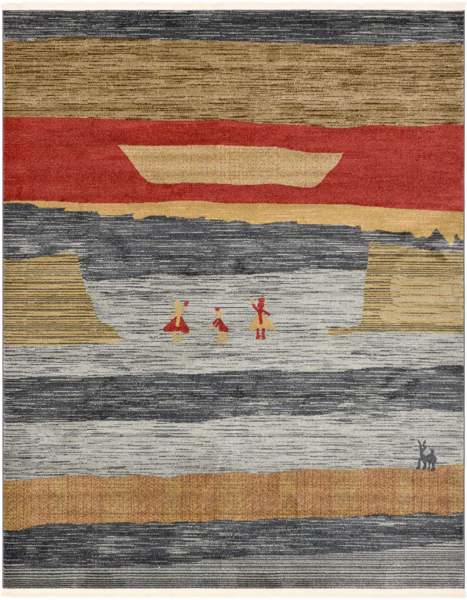 A square Kashkuli Gabbeh rug featuring horizontal stripes in shades of blue, brown, red, and gold, with stylized figures and a boat.
