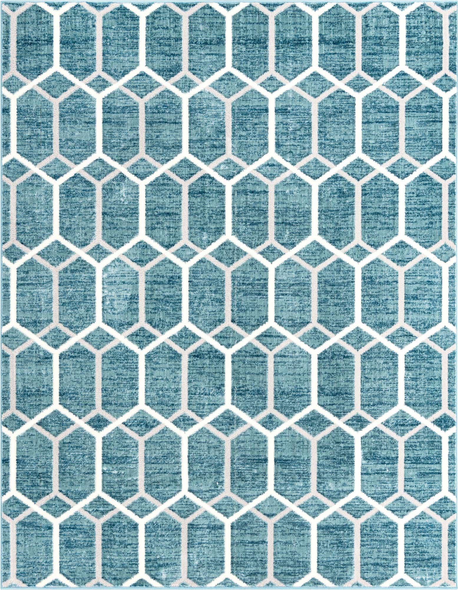 A 7x7 square blue rug with a modern white and light grey trellis pattern, featuring a textured pile.