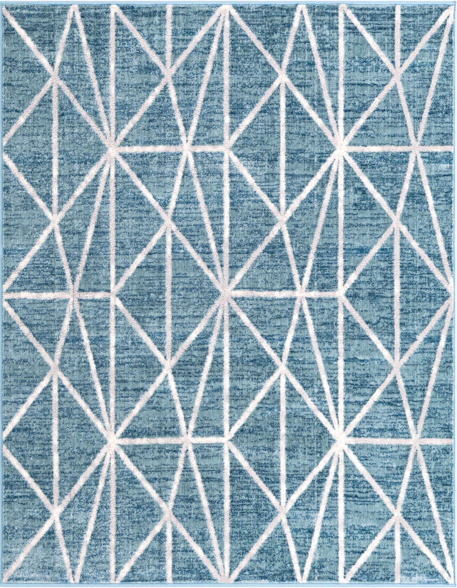 A 5' 3 x 5' 3 square blue modern rug with a white geometric lattice trellis pattern, featuring a textured pile.