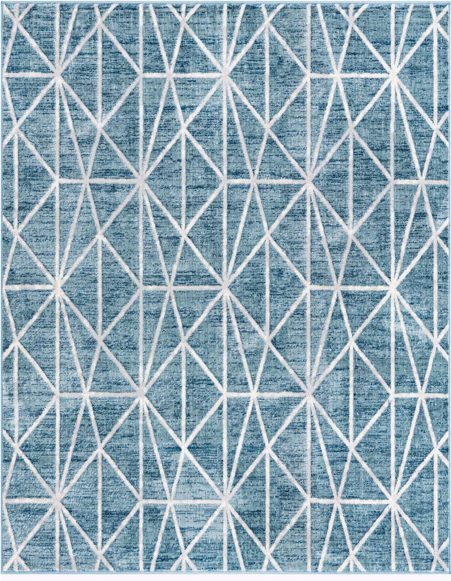 A square blue area rug featuring a modern white geometric lattice trellis pattern, suitable for indoor spaces.