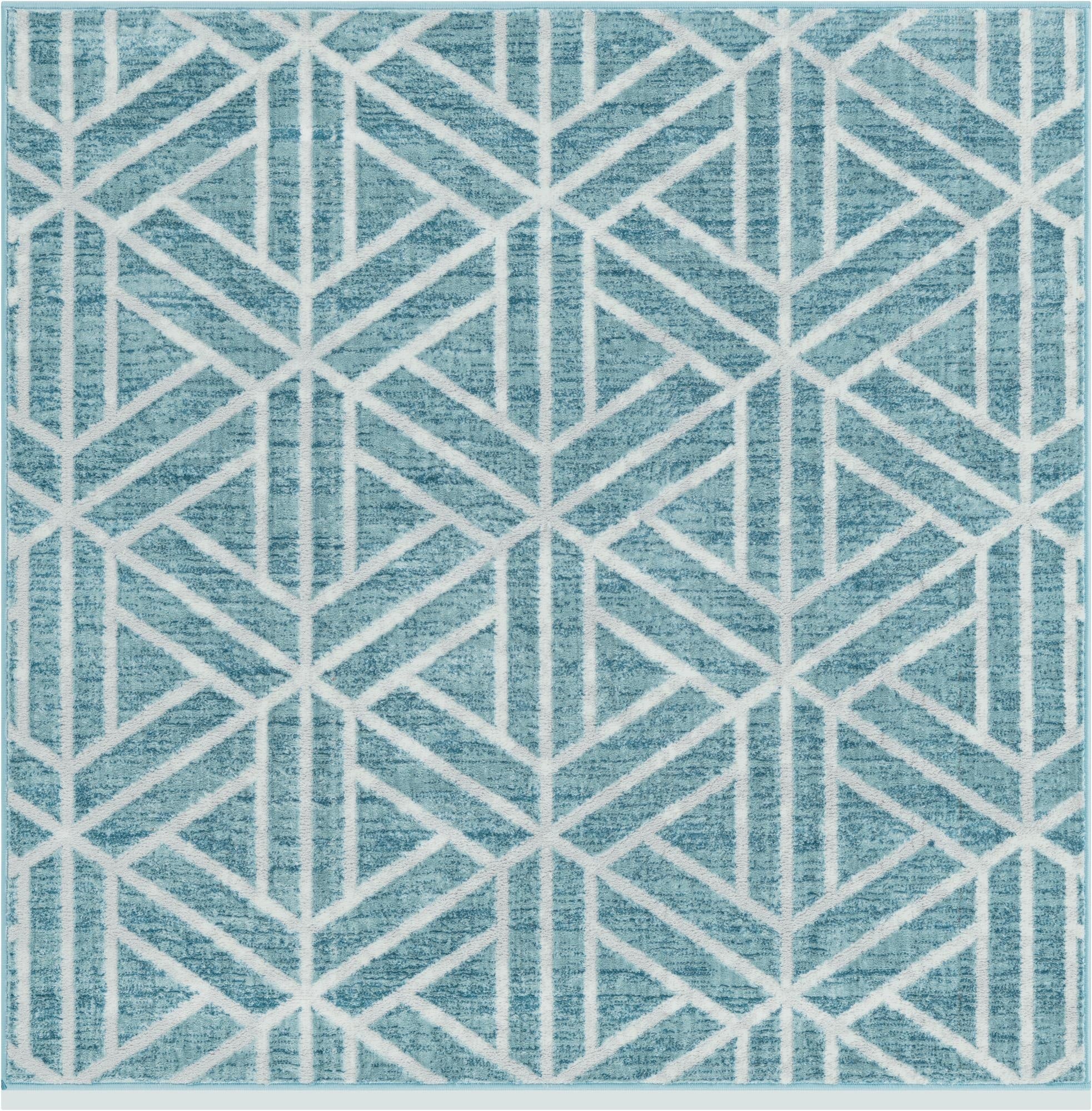 A square 5' 3 x 5' 3 blue and white modern trellis rug with a textured pile, perfect for an indoor living space.