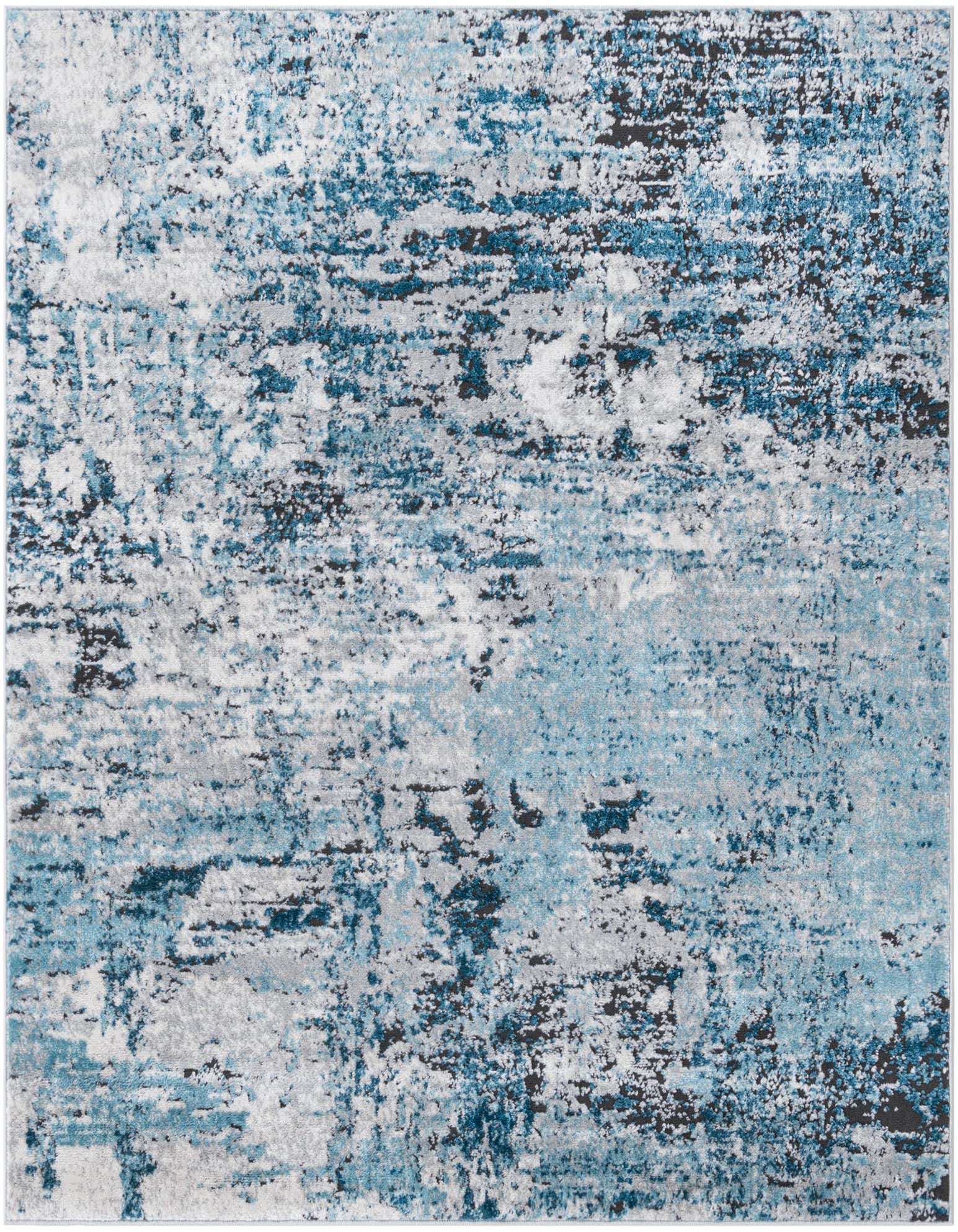 A 5' 3 x 5' 3 square Leipzig rug featuring an abstract pattern in varying shades of blue, grey, and white.
