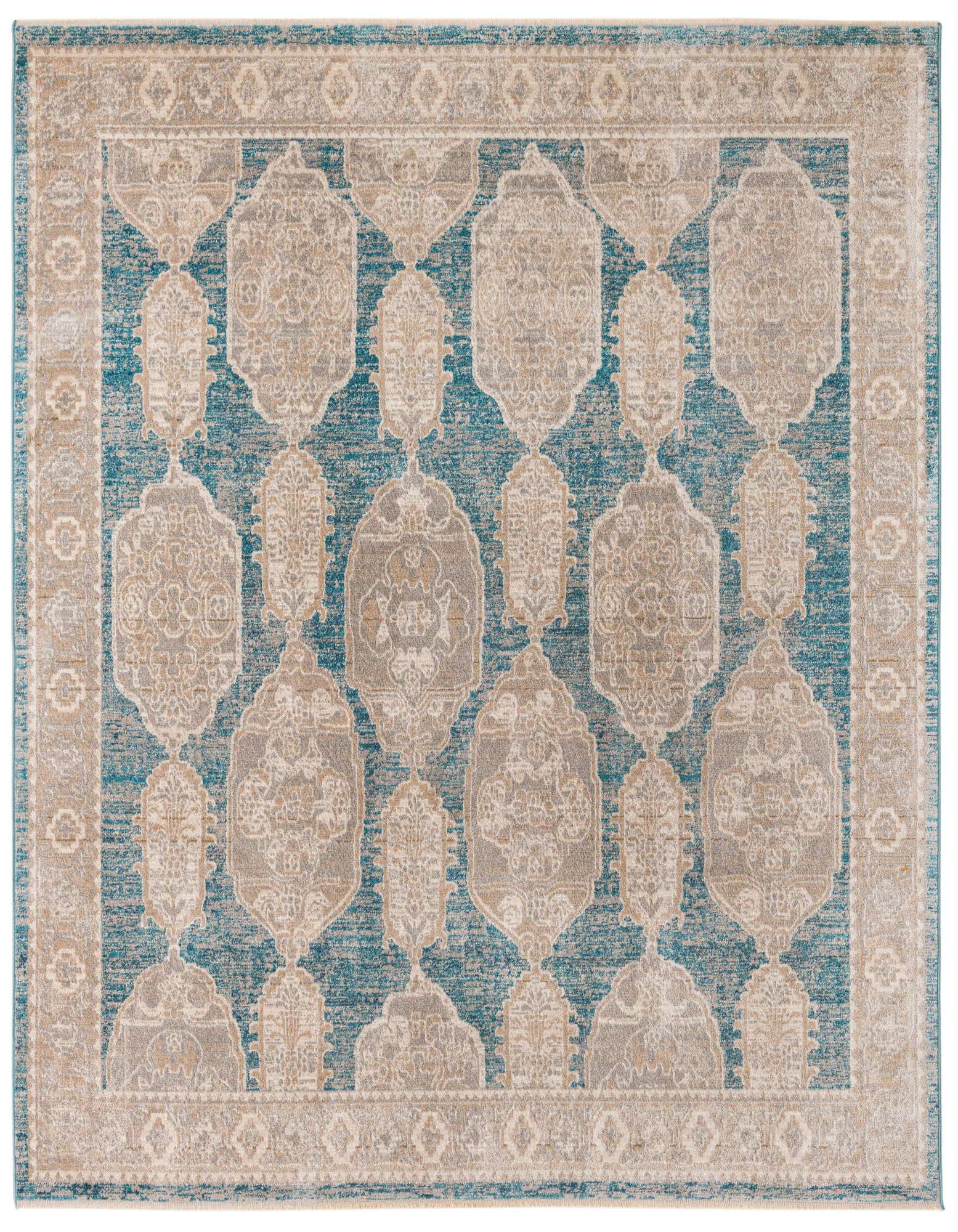 A square 7' 10 x 7' 10 Lola rug featuring a distressed blue background with intricate cream and grey Bohemian and traditional patterns.
