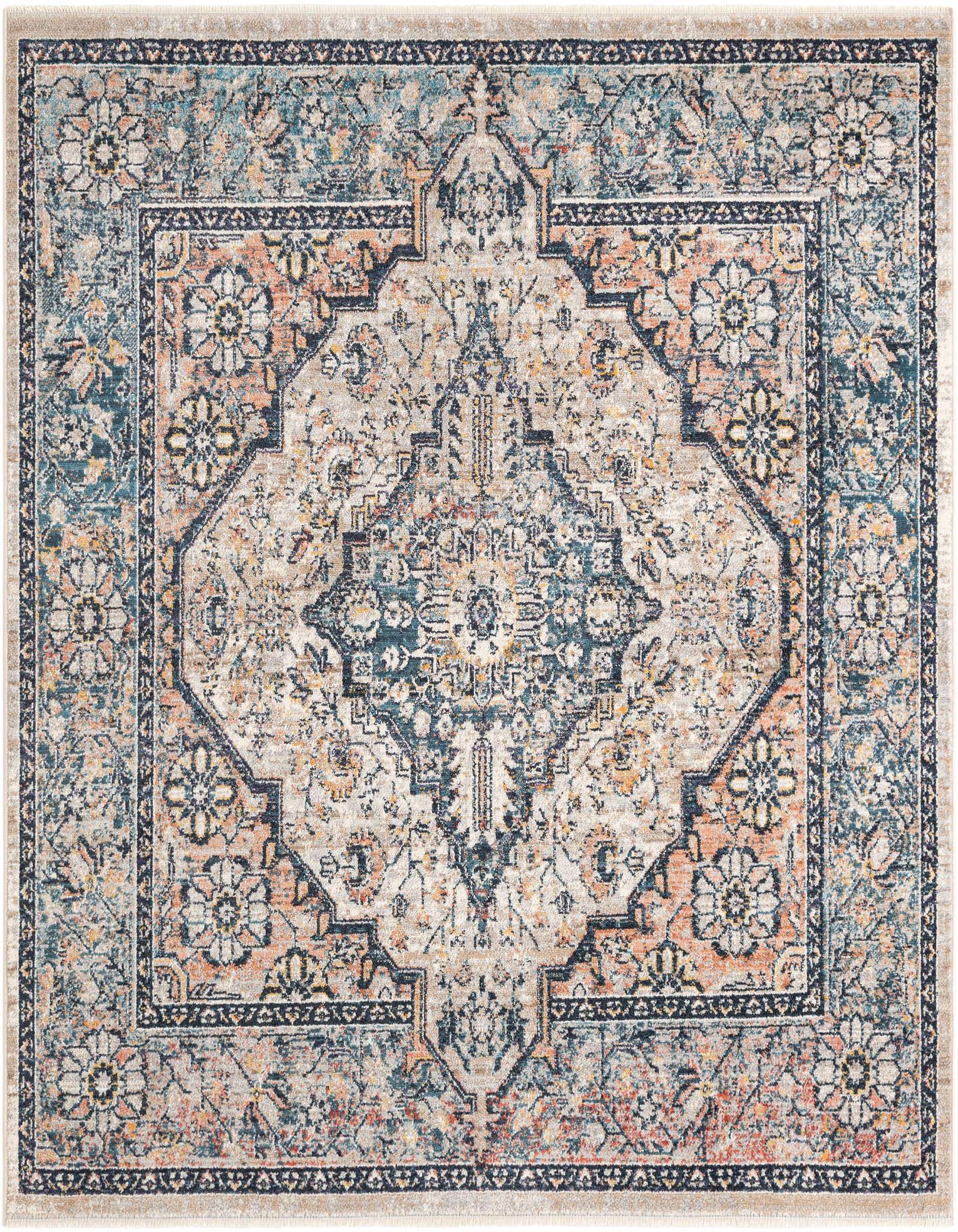 A 6'x6' square Lola collection rug in faded blues, peach, and cream with a distressed medallion pattern.