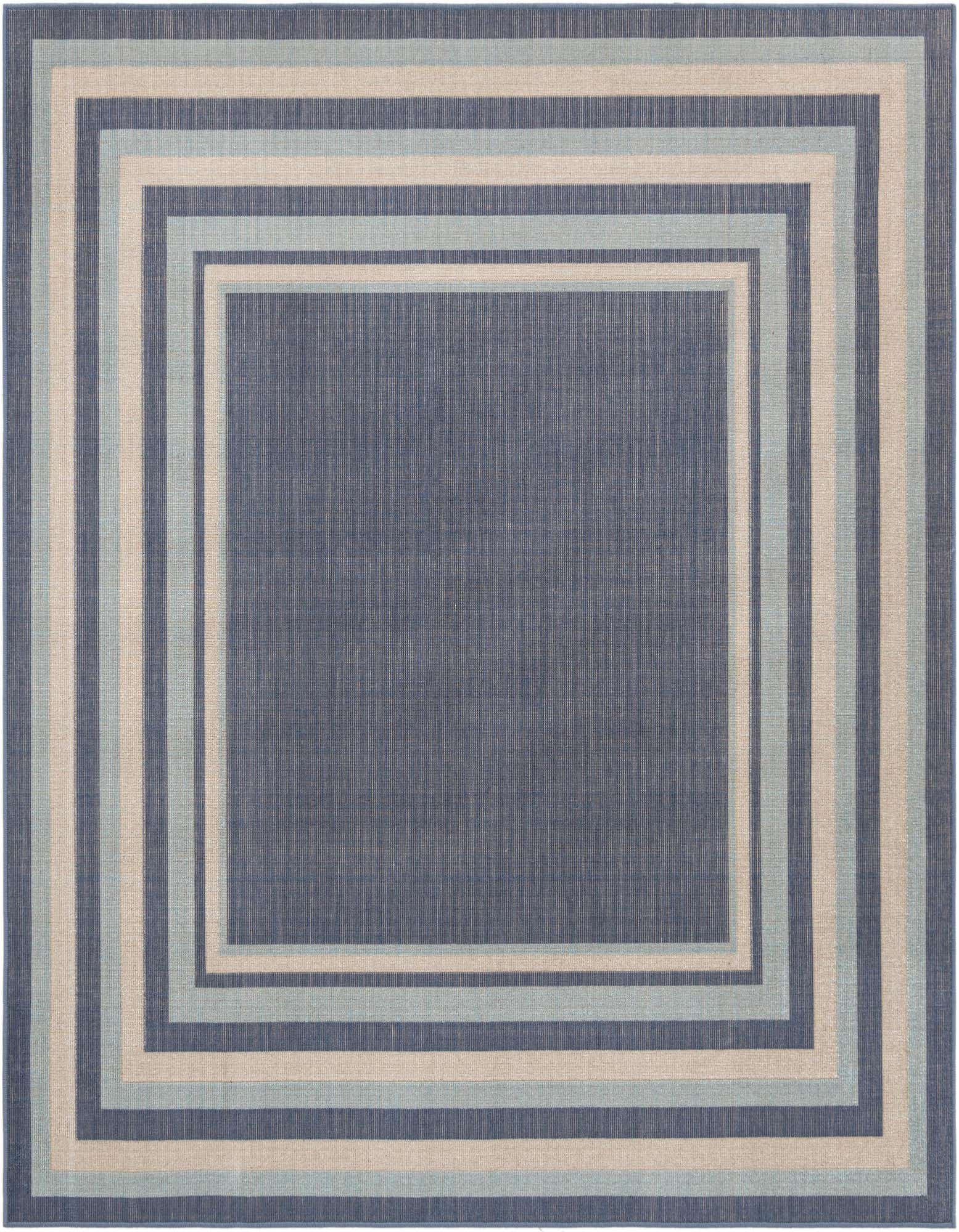 A 6'x6' square blue flatweave rug with a modern striped border in varying shades of blue and beige, suitable for indoor spaces.