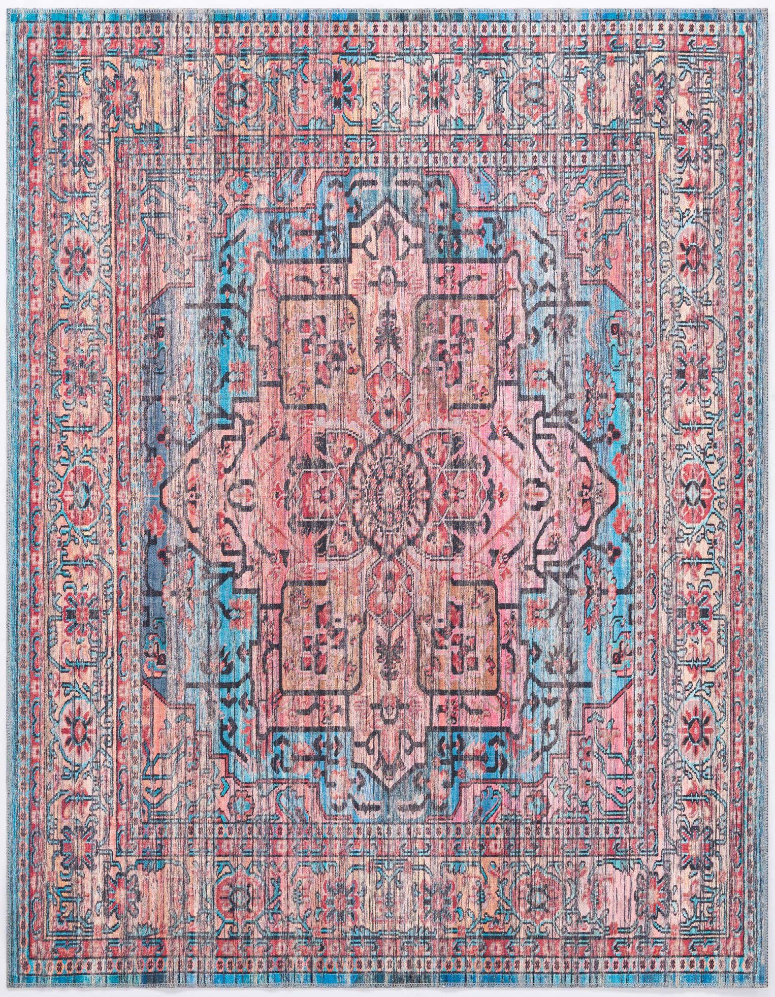 A 7' 3 x 7' 3 square Maahru rug featuring a distressed traditional medallion pattern in shades of blue, pink, and red.