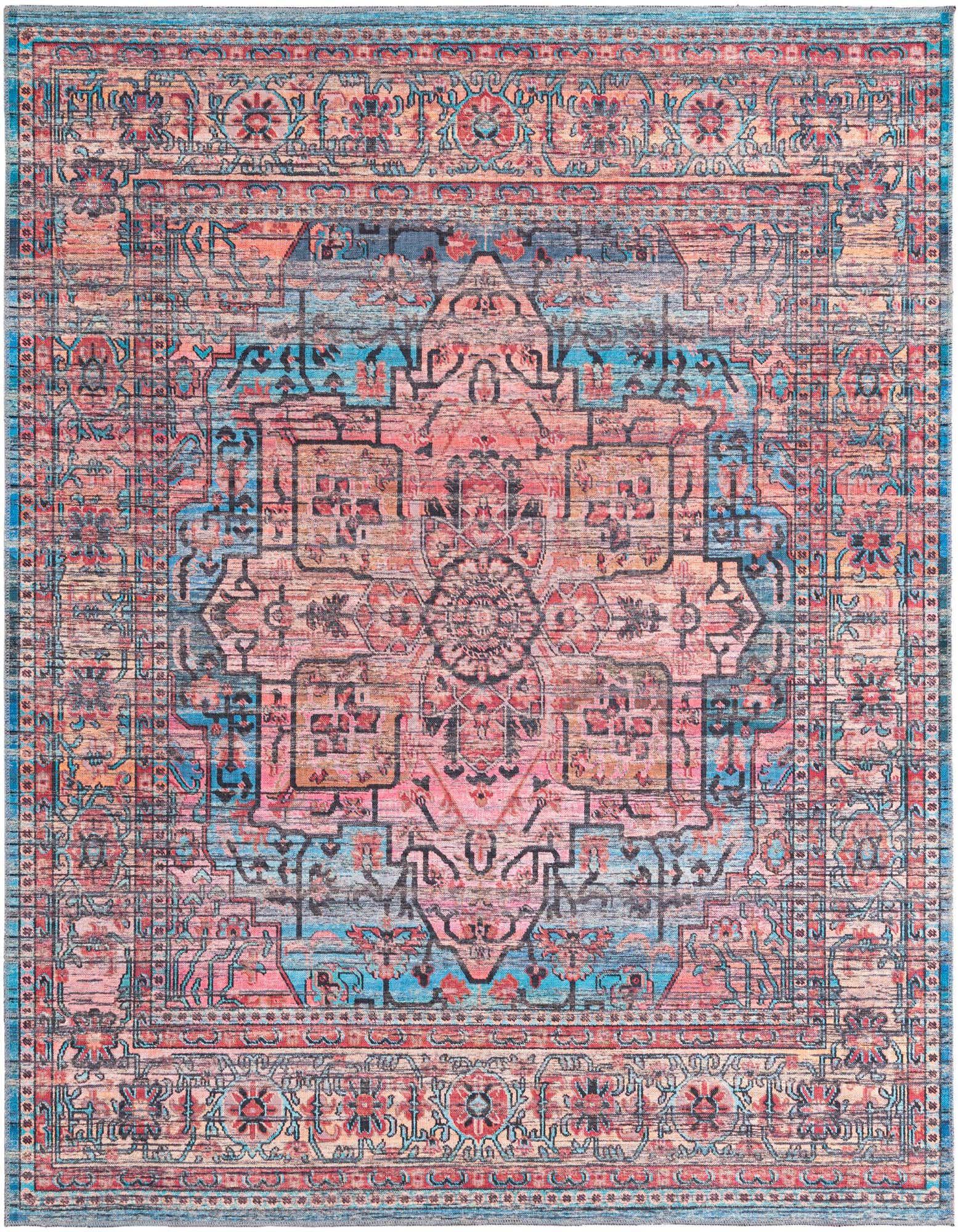 A square 7' 10 x 7' 10 Maahru rug with a distressed traditional medallion pattern in vibrant blues, pinks, and oranges.