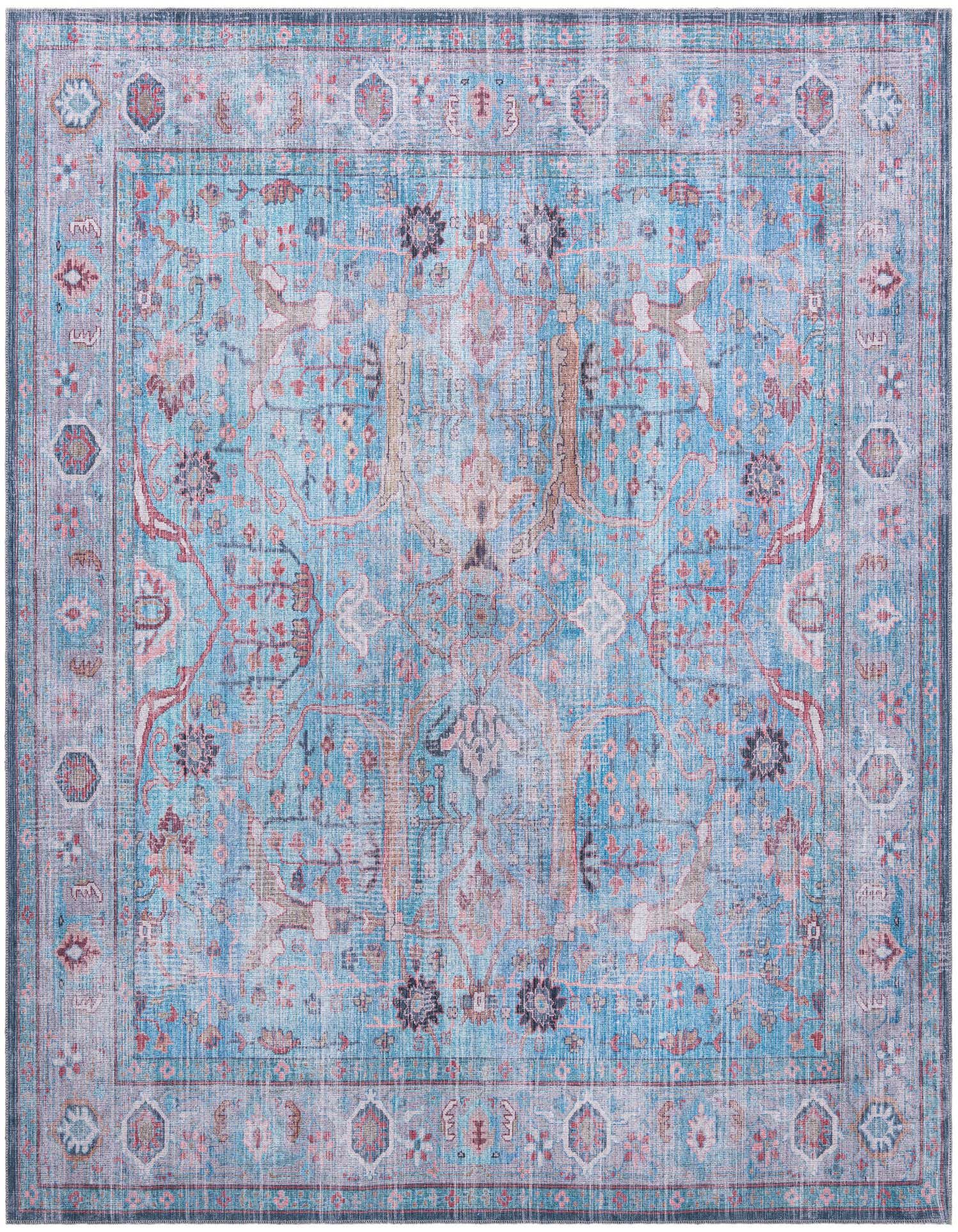 A 10' 6 x 10' 6 square blue traditional rug with a distressed medallion pattern and intricate floral and tribal motifs.