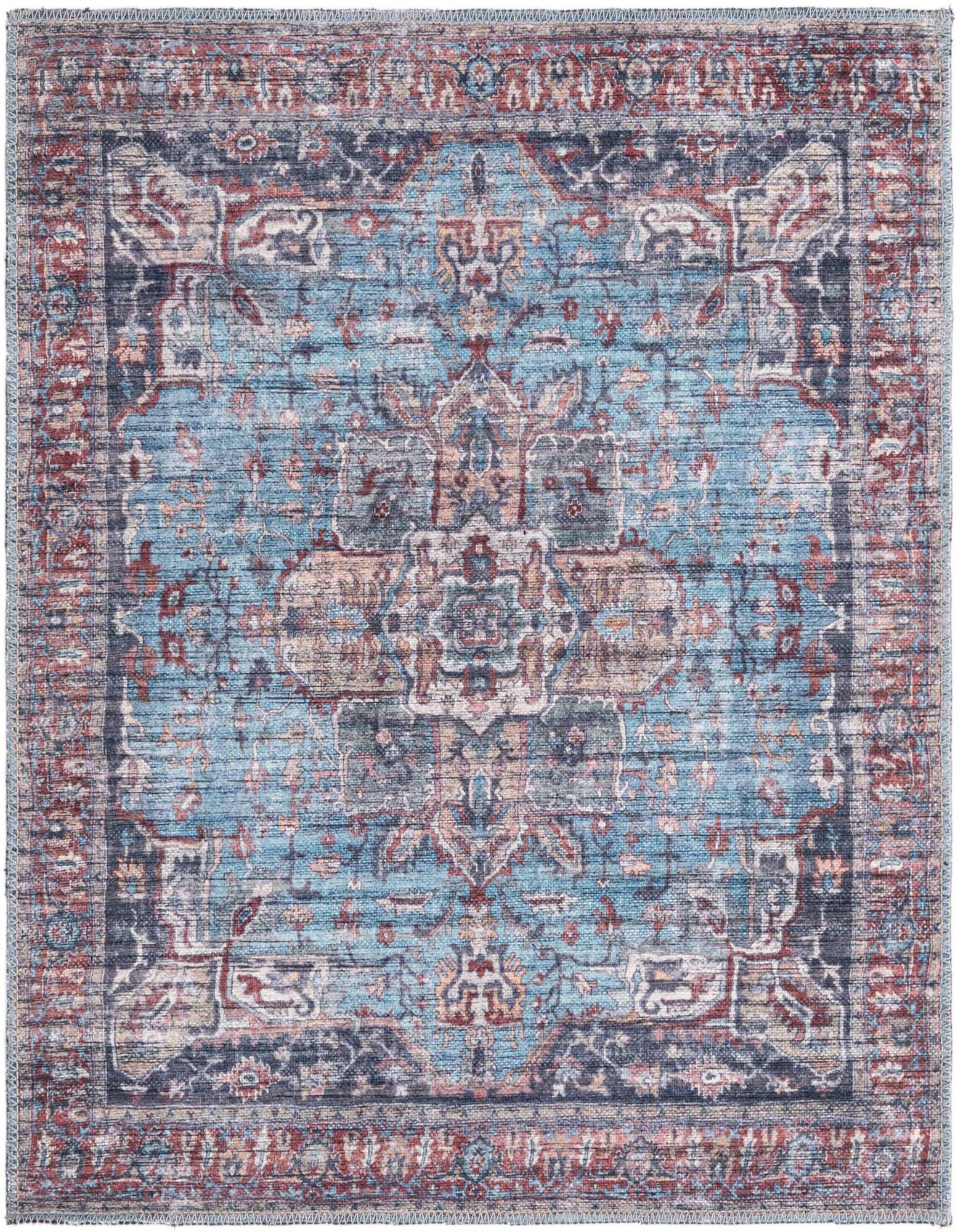 A 3'3" x 3'3" square Maahru rug with a distressed traditional medallion pattern in shades of blue, red, and beige.