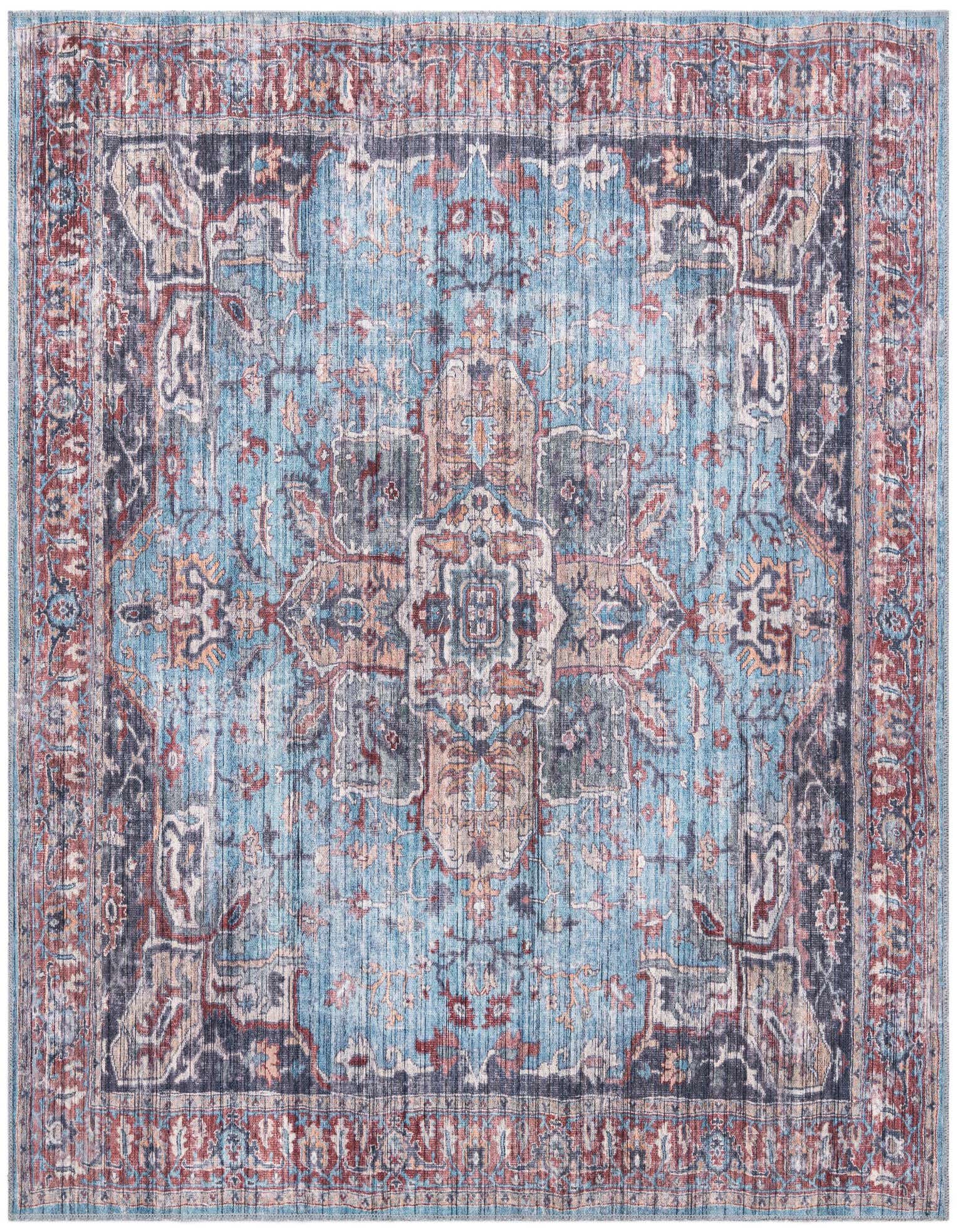A 7' 3 x 7' 3 square Maahru rug featuring a distressed traditional medallion pattern in various shades of blue, rust, and cream.
