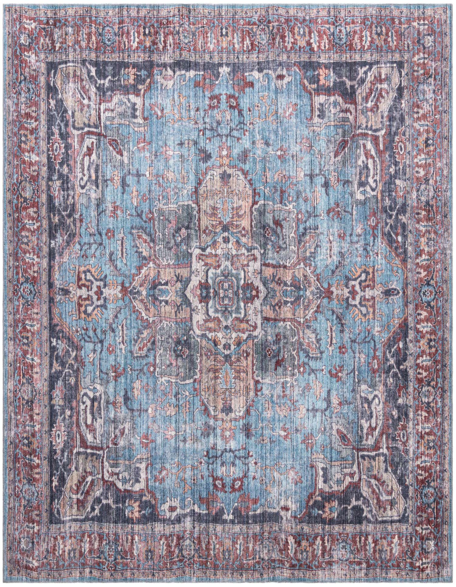 A 10' 6 x 10' 6 square Maahru rug featuring a distressed blue, red, and cream traditional medallion pattern with a tribal border.