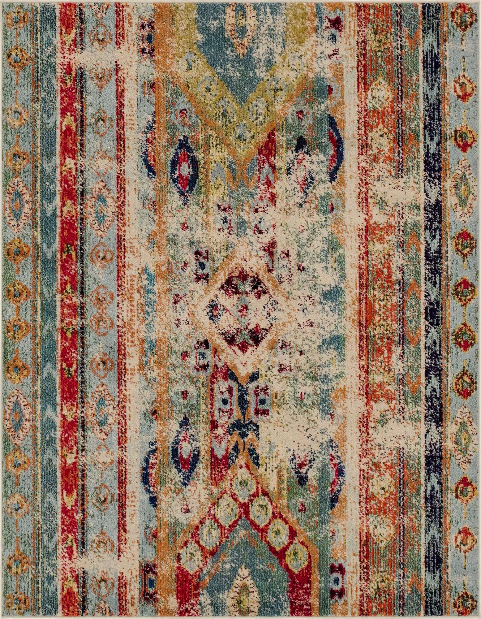 A 6'x6' square Mesa Collection rug featuring a distressed bohemian pattern with blues, reds, oranges, and greens.
