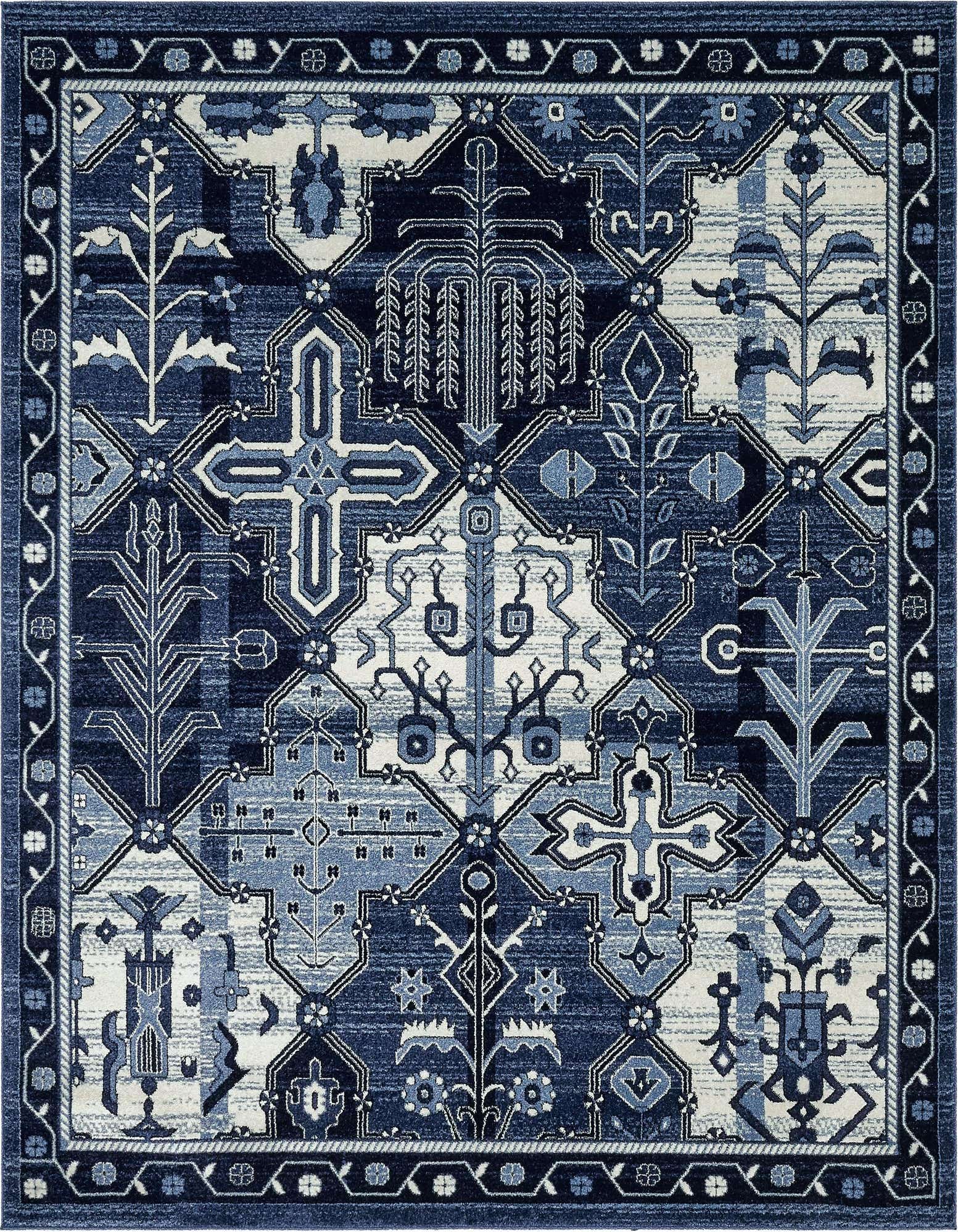 A square Rugs.com Miranda rug featuring a complex bohemian and botanical pattern in various shades of blue and white.