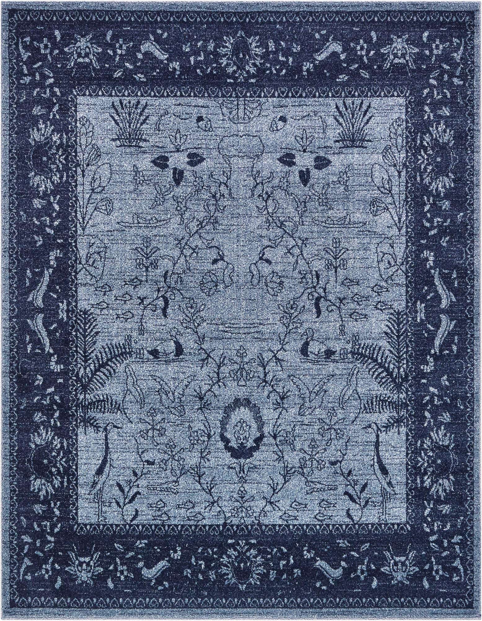 A 6'x6' square blue area rug with a traditional botanical and coastal pattern, featuring cranes, ducks, and foliage.