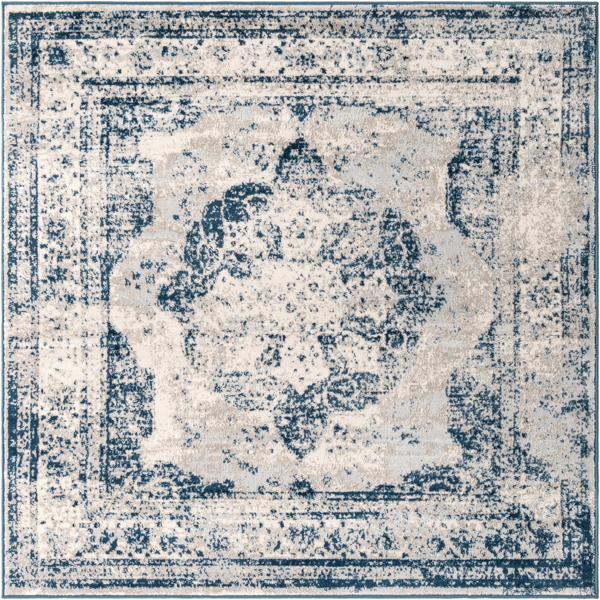 A 6'x6' square blue and off-white distressed Bohemian medallion rug, perfect for a living room.