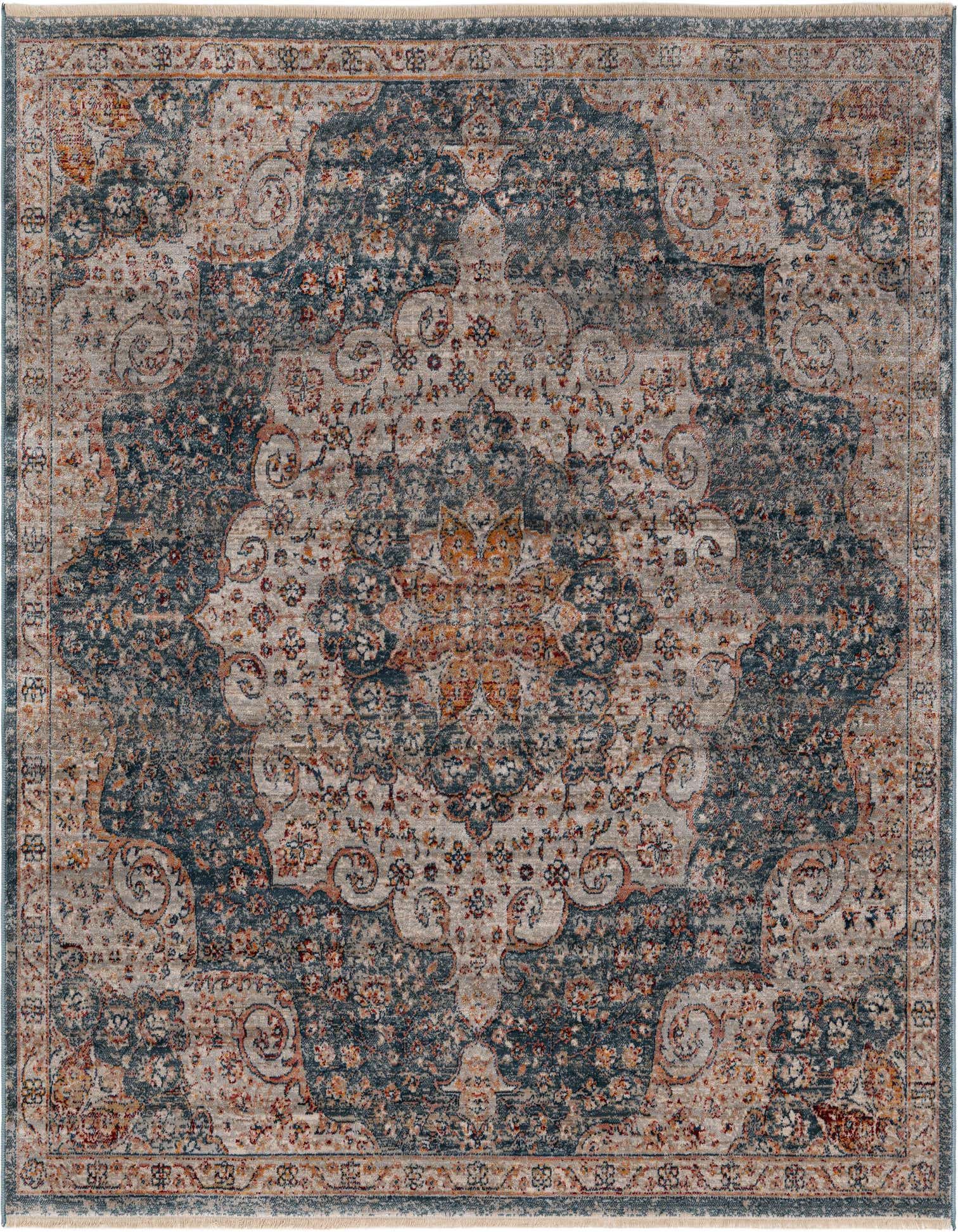 A square 5' 3 x 5' 3 Newport rug featuring a distressed blue and beige vintage oriental medallion pattern with hints of orange.