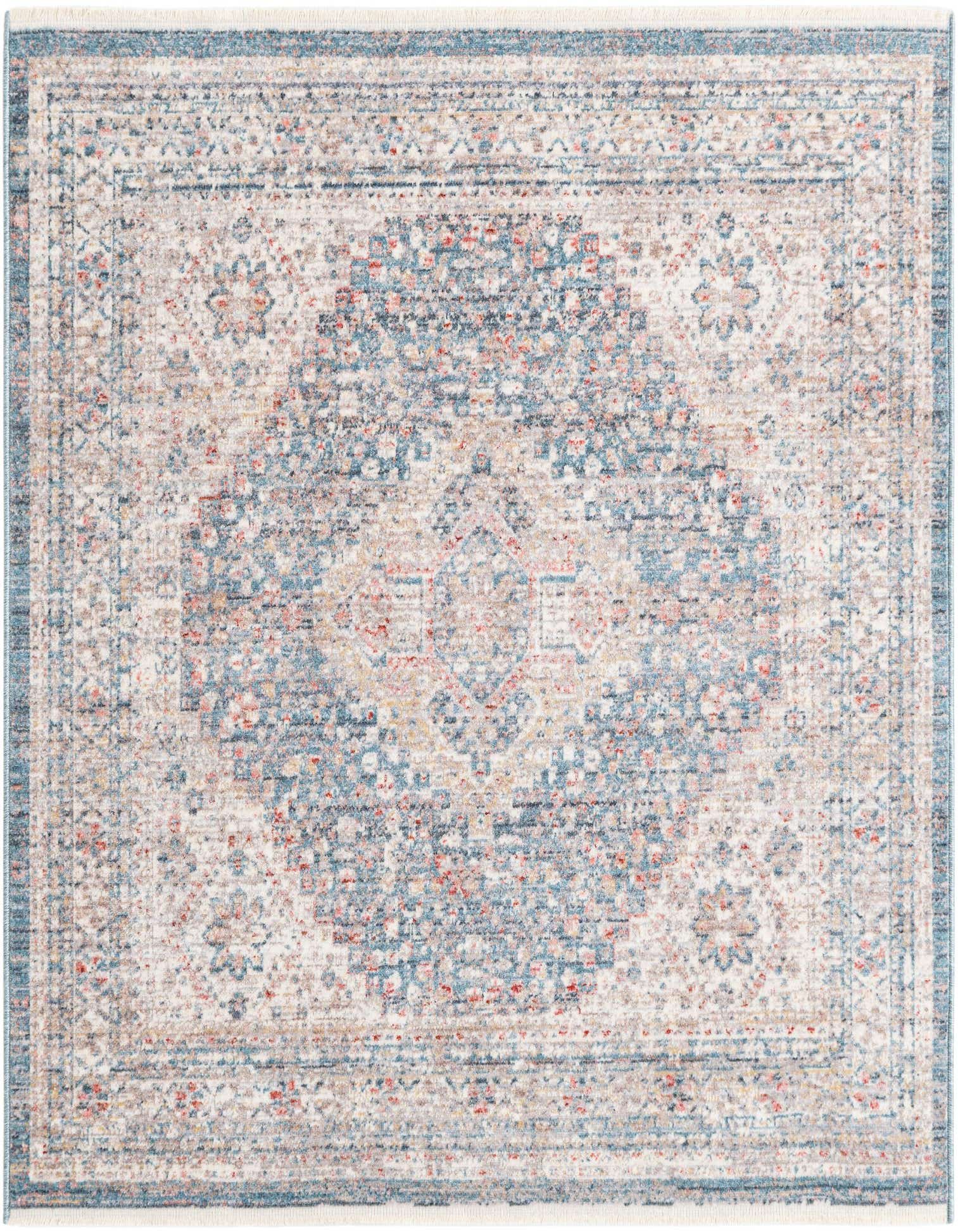 A 4x4 square blue transitional rug with a distressed vintage medallion pattern and subtle red and beige accents.