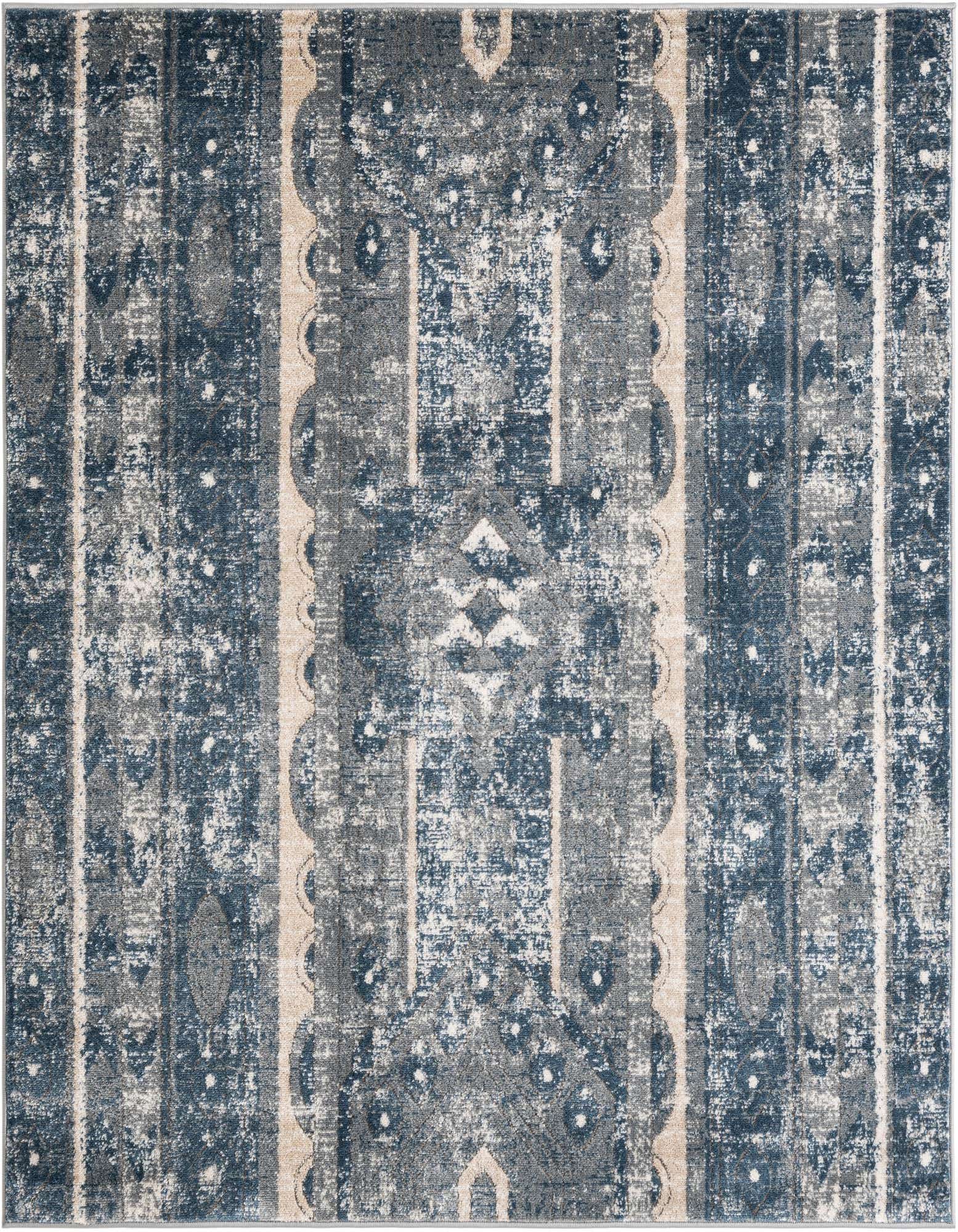 A 6' 0 x 6' 0 square blue and gray bohemian rug with a distressed tribal stripe pattern.