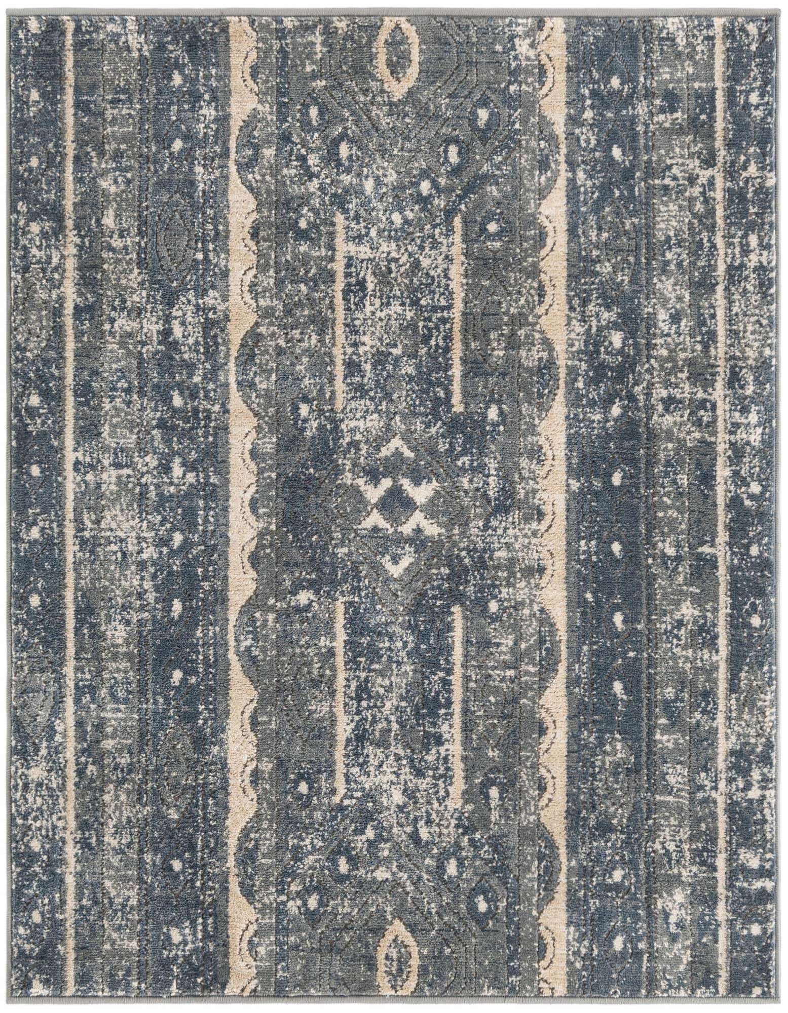 A 4'x4' square blue and beige bohemian rug with a distressed tribal stripe pattern and textured pile.