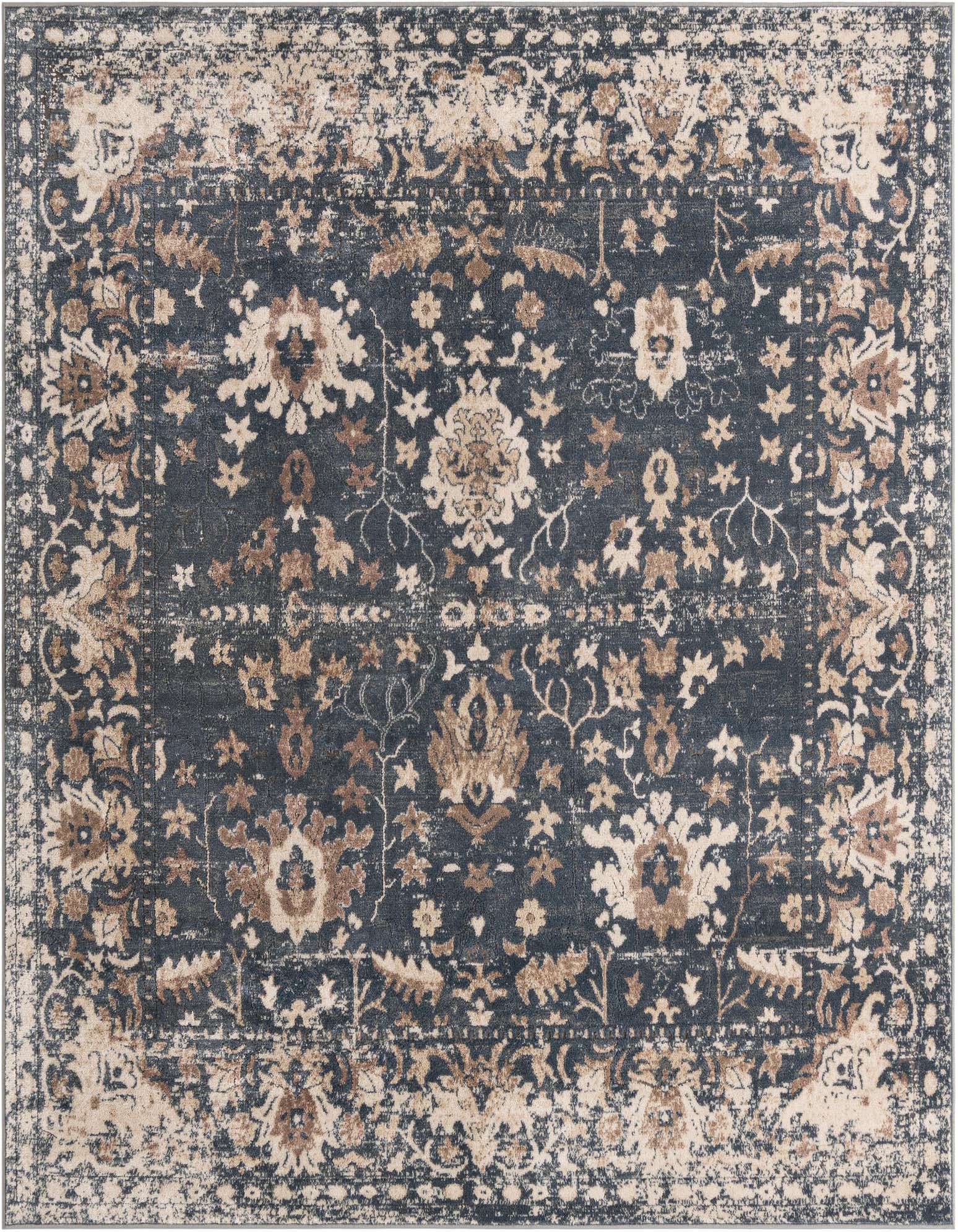 A square 7' 10 x 7' 10 Oregon Collection rug featuring a distressed traditional floral pattern in shades of blue and beige.