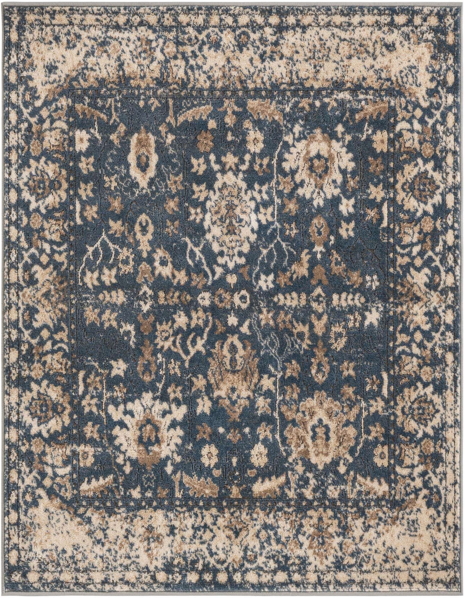 A square 4' x 4' blue shabby-chic rug with a distressed floral and medallion pattern in cream and brown tones.