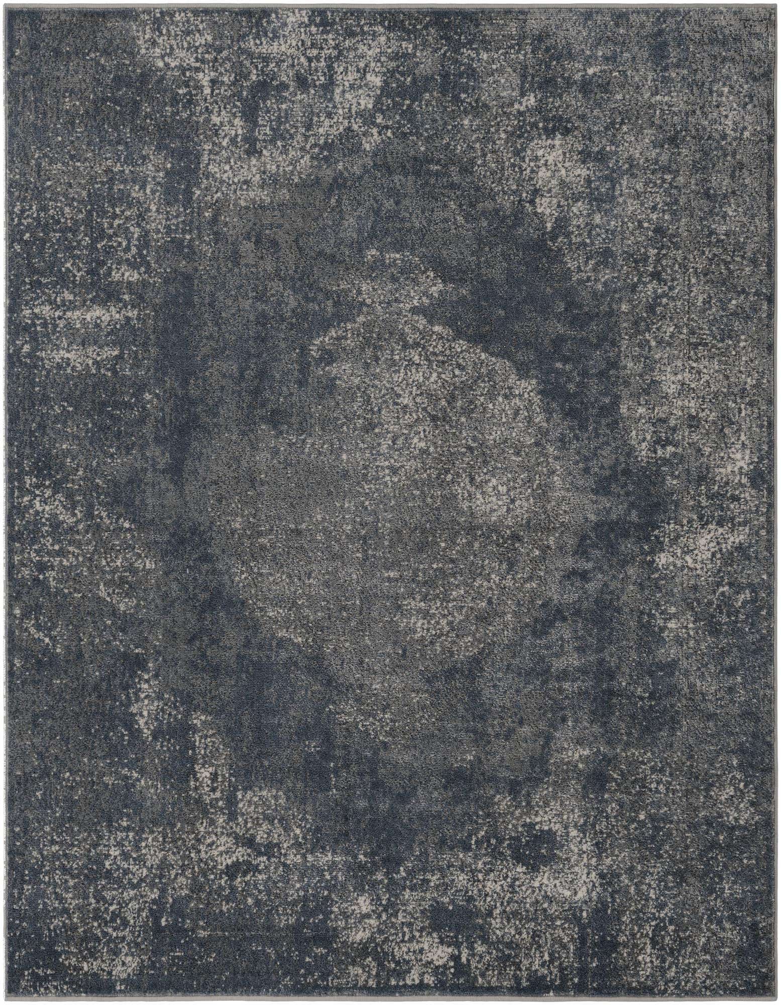A 6' 0 x 6' 0 square blue area rug with a distressed, shabby-chic medallion pattern and textured pile.