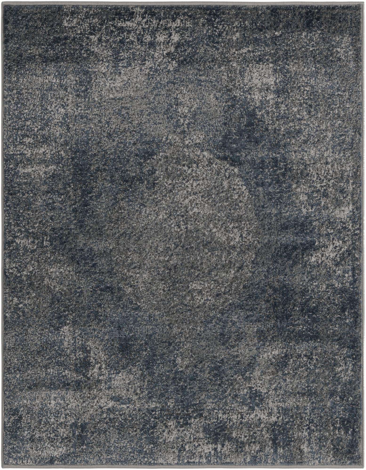 A 4'x4' square blue and grey shabby-chic rug with a textured, distressed pattern, suitable for indoor spaces.