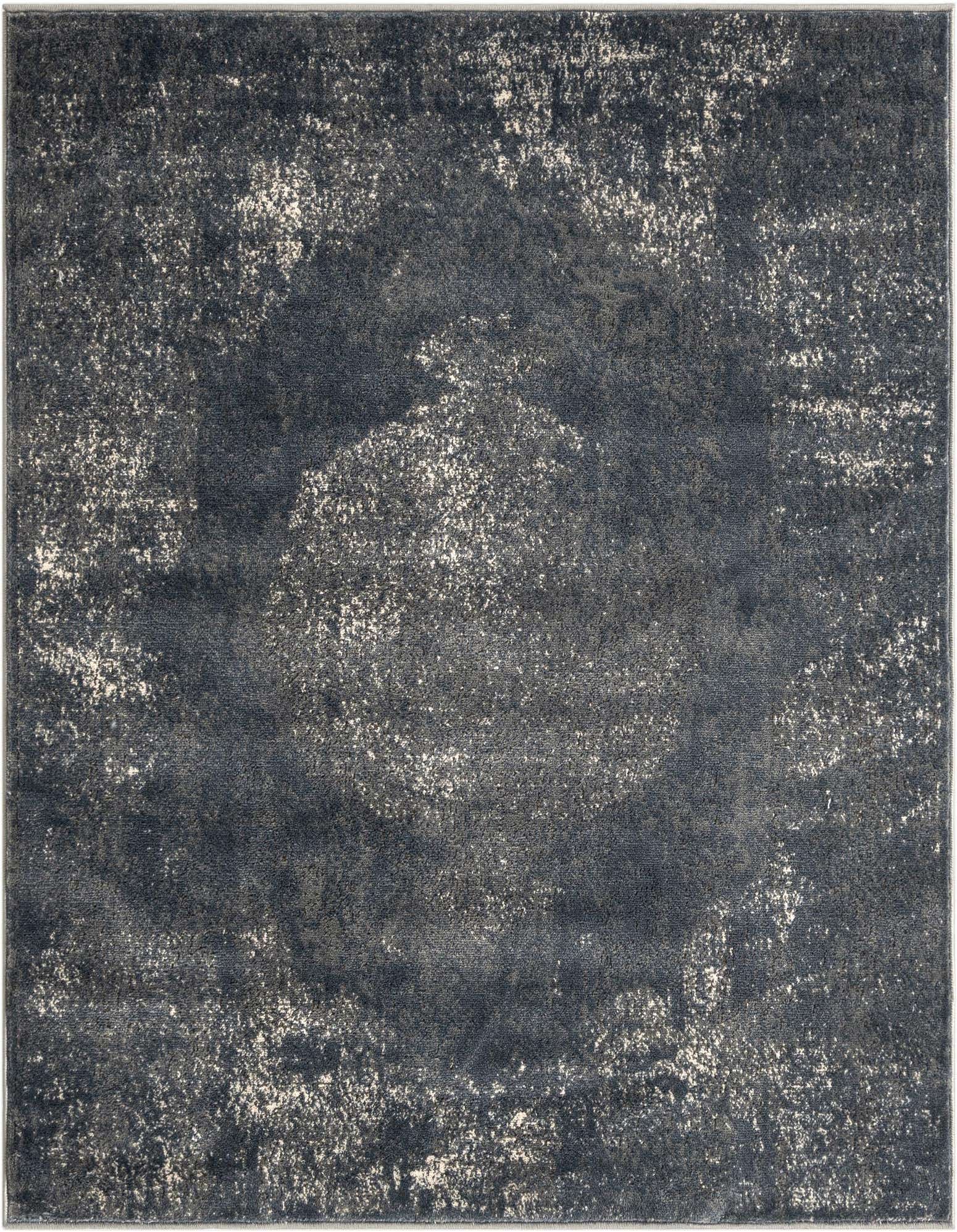 A 5' 3 x 5' 3 square Oregon collection rug from Rugs.com, featuring a distressed blue and off-white shabby-chic medallion pattern.