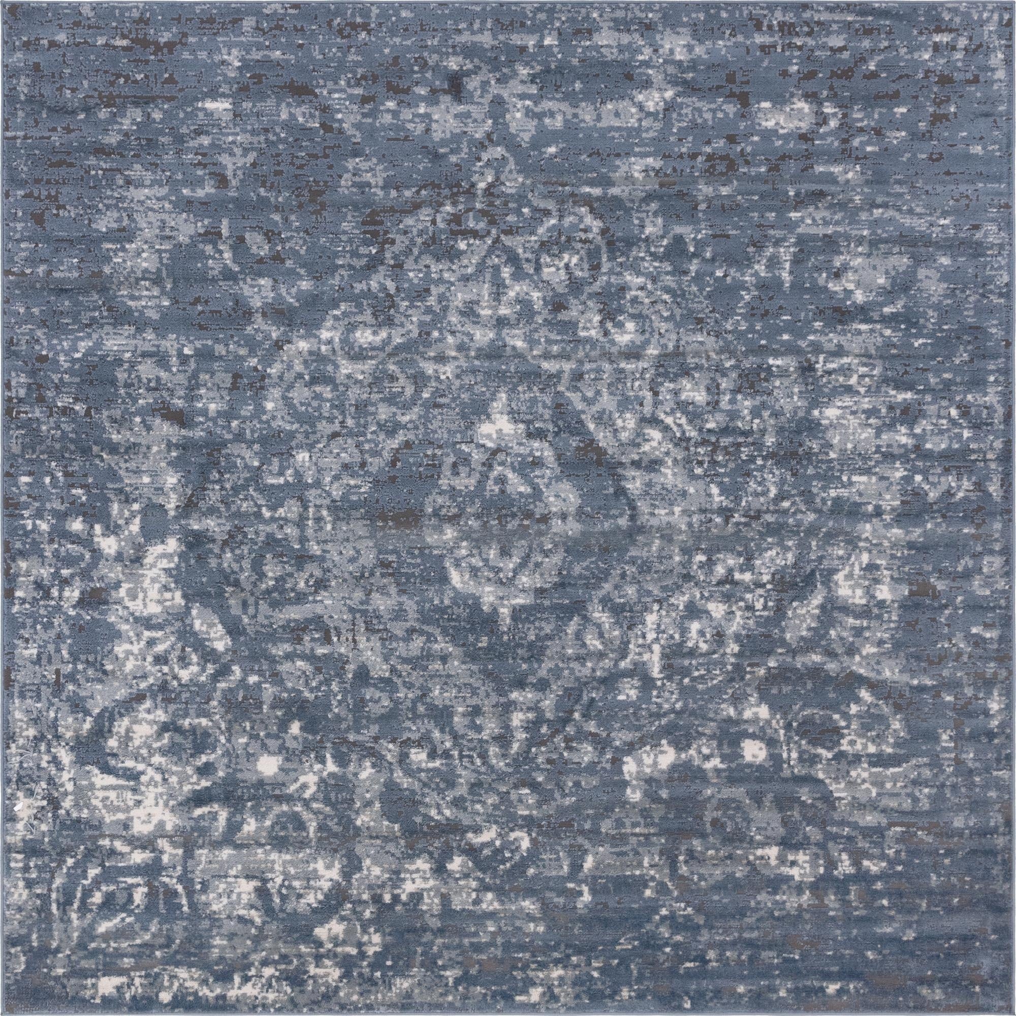 A square 7' 10 x 7' 10 blue shabby-chic rug with a distressed traditional medallion pattern in varying shades of blue, grey, and white.