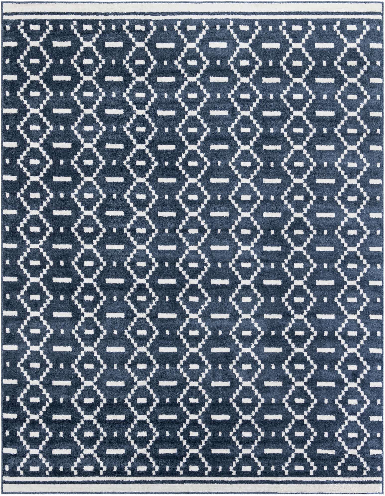 A 10'x10' square blue modern rug featuring a repeating white geometric pattern and a thin white border.