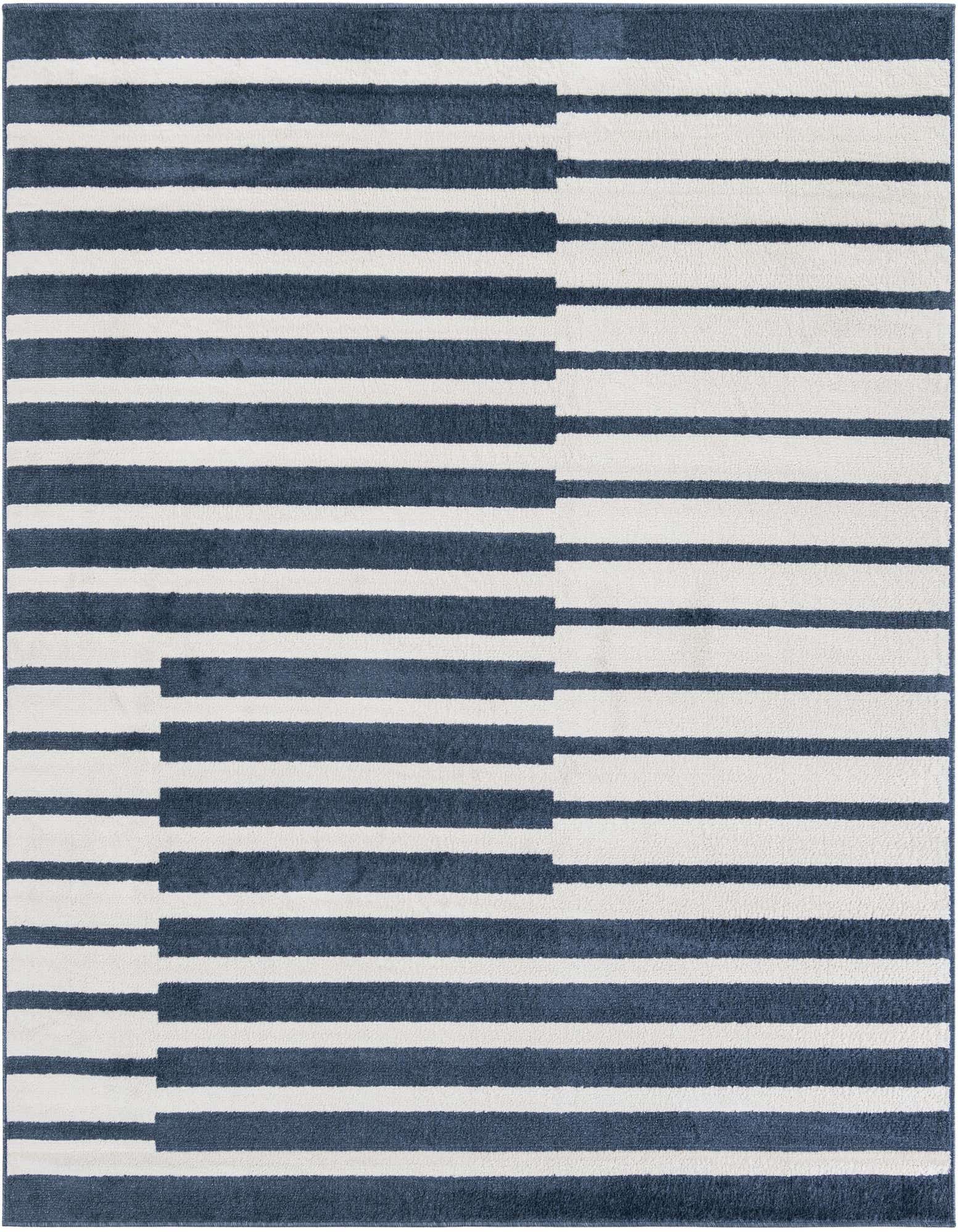 A square blue and white modern rug featuring a bold, geometric stripe pattern, ideal for a contemporary living space.