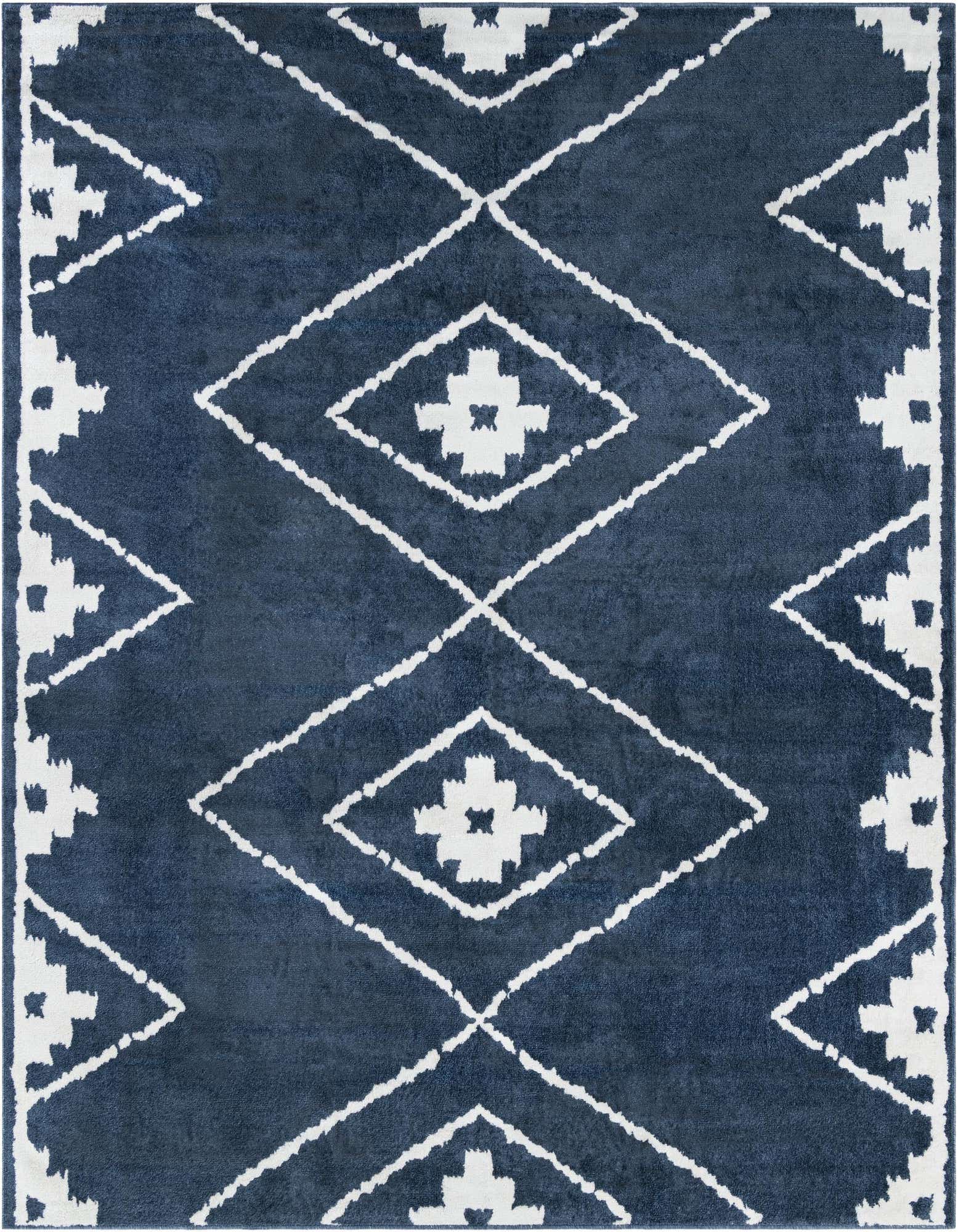 A 10' 0 x 10' 0 square blue modern area rug with a white geometric diamond pattern.