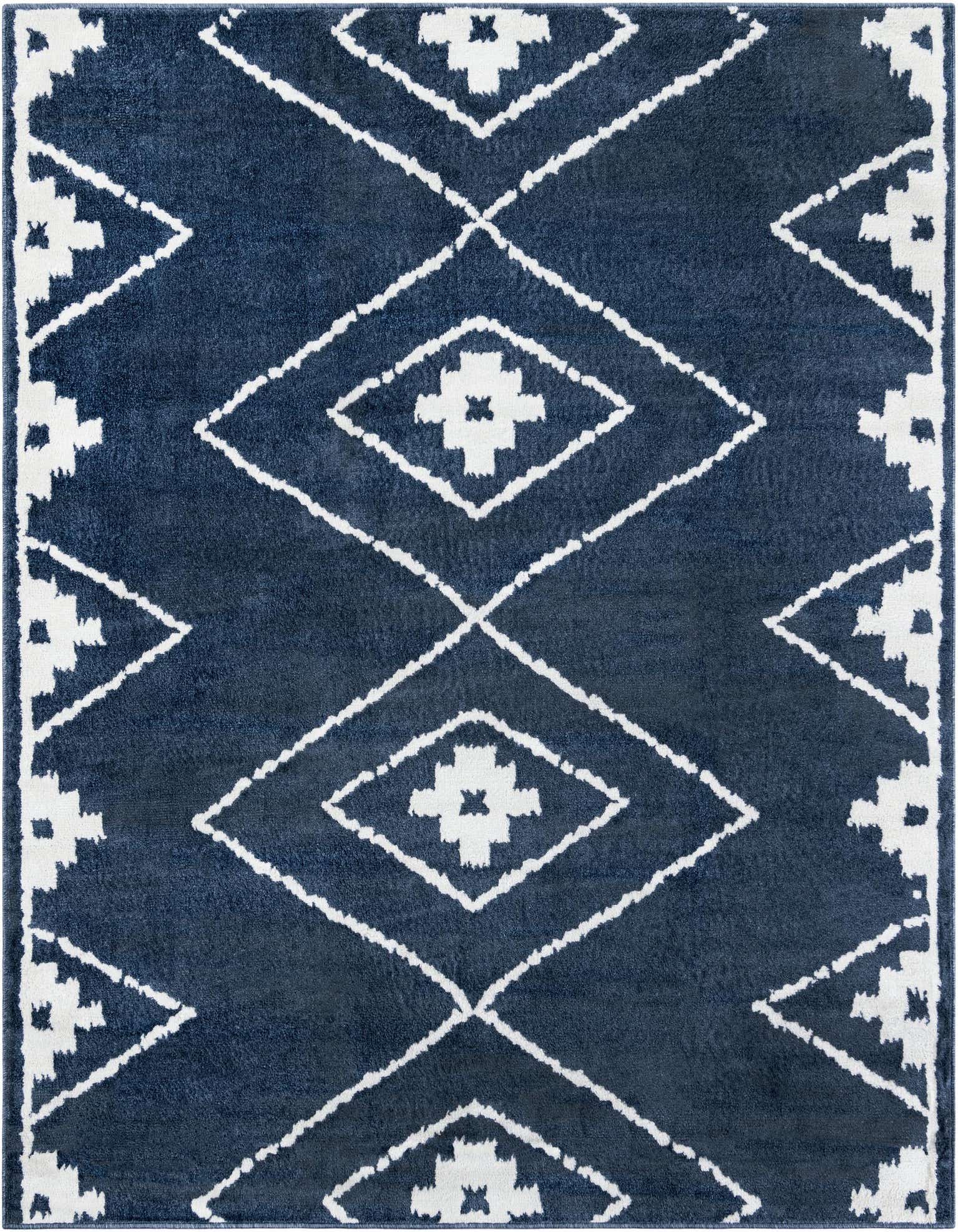 A square blue area rug featuring a modern pattern of interconnected white diamonds and geometric shapes.