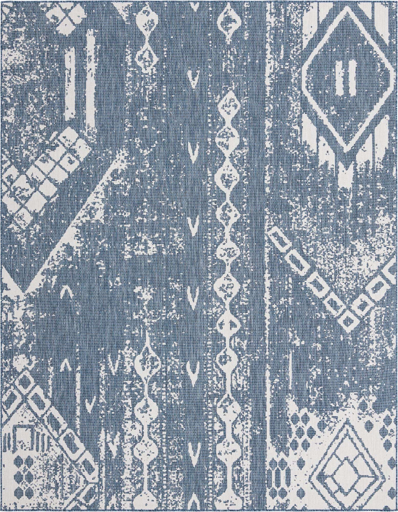 A square blue and white modern outdoor rug with a distressed geometric pattern, suitable for a patio.