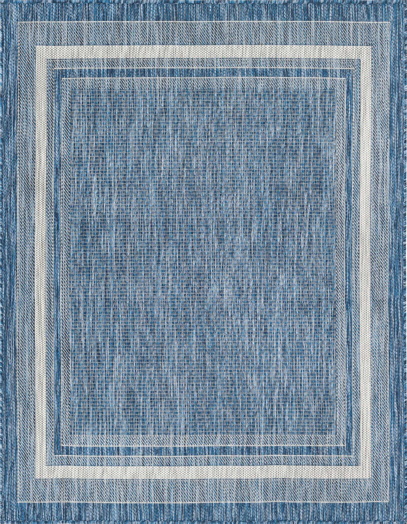 A 5'3" x 5'3" square blue and white flatweave rug with a modern striped border, suitable for indoor or outdoor use.