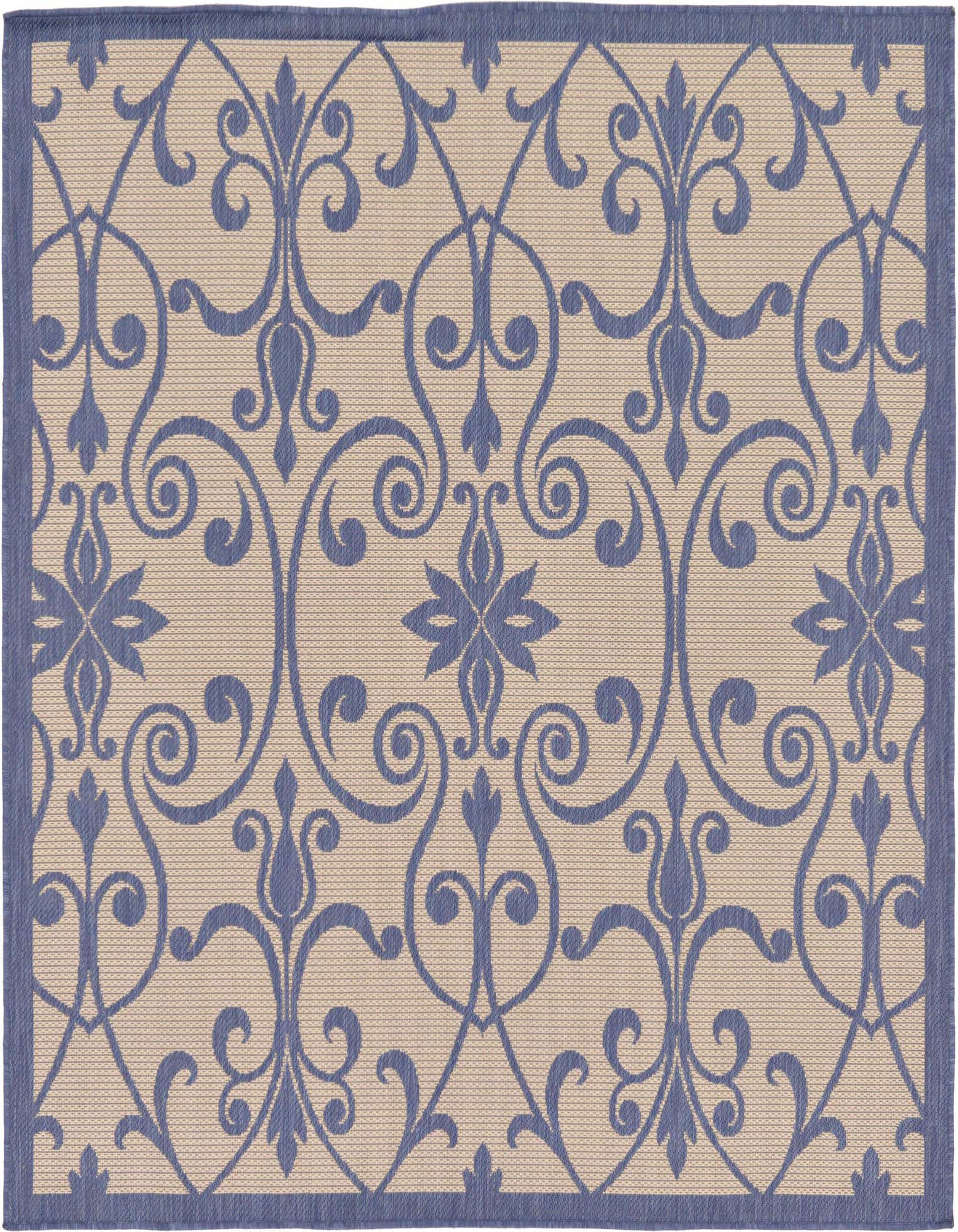 A 6'x6' square blue and beige outdoor rug with an intricate traditional botanical medallion pattern and a blue border.