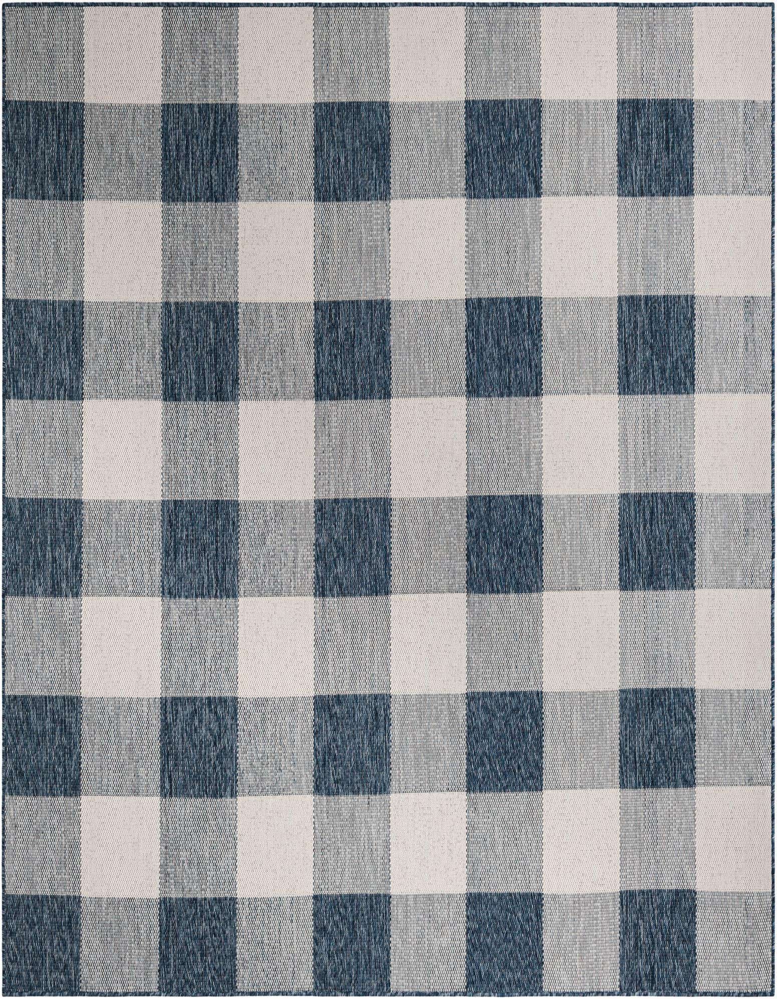 A 7' 10 x 7' 10 square blue and white checkered rug with a modern flatweave pattern, suitable for indoor or outdoor use.