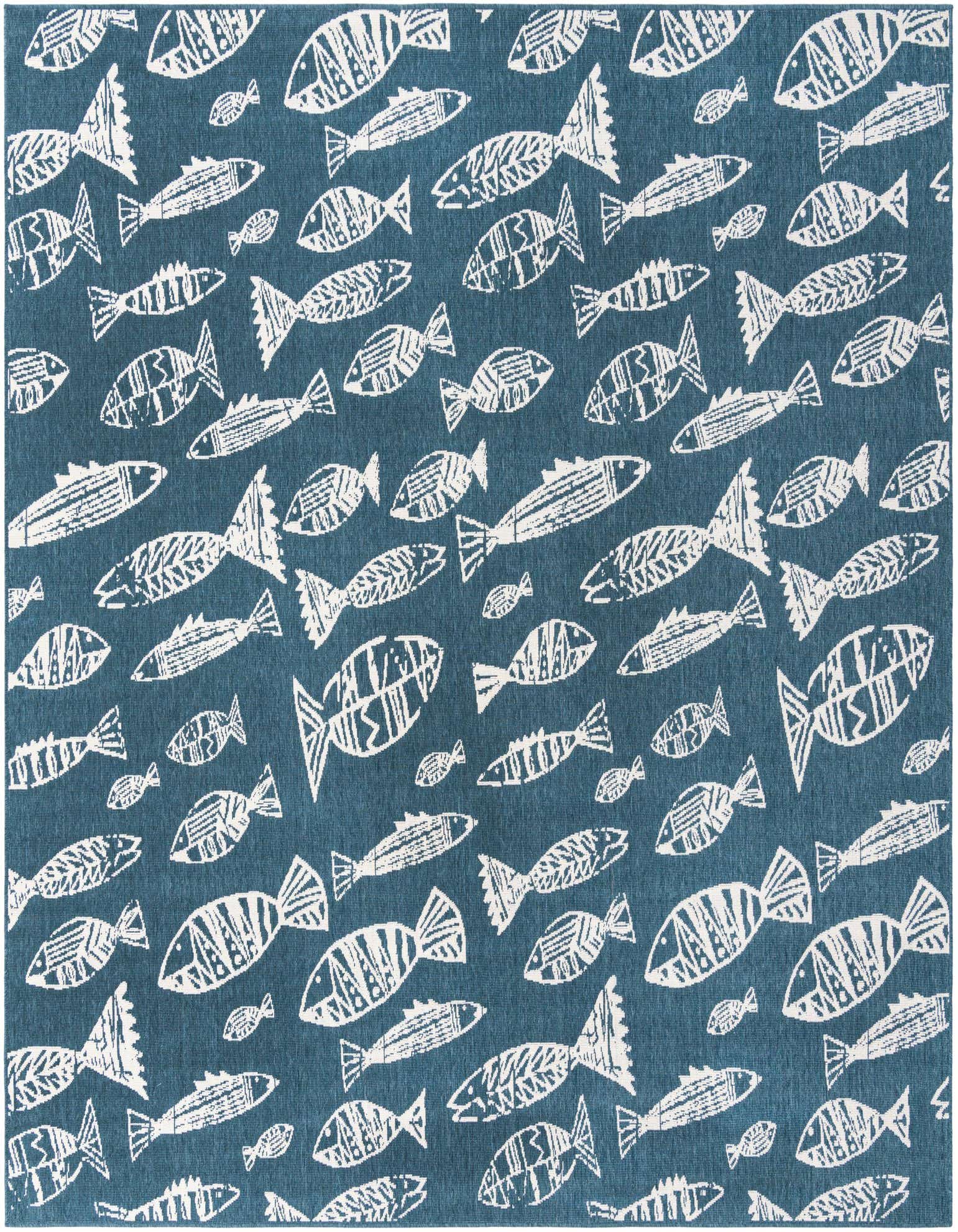 A square blue outdoor rug featuring a playful, modern pattern of white fish swimming in various directions, suitable for a patio.