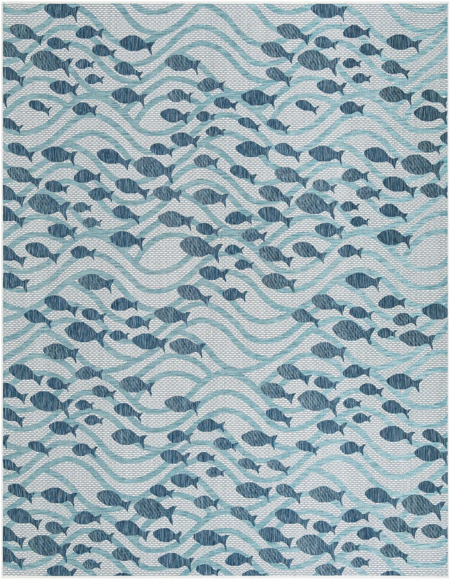 A 10'x10' square blue coastal rug with a playful pattern of dark blue fish swimming amidst light blue waves, perfect for a patio.