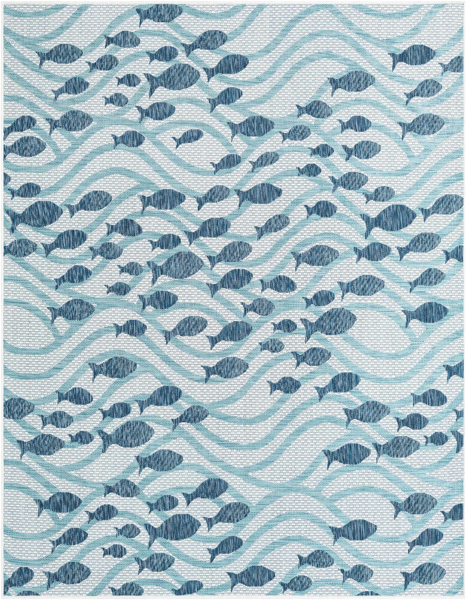 A square blue and white coastal rug featuring a pattern of dark blue fish swimming amidst light blue wavy lines.