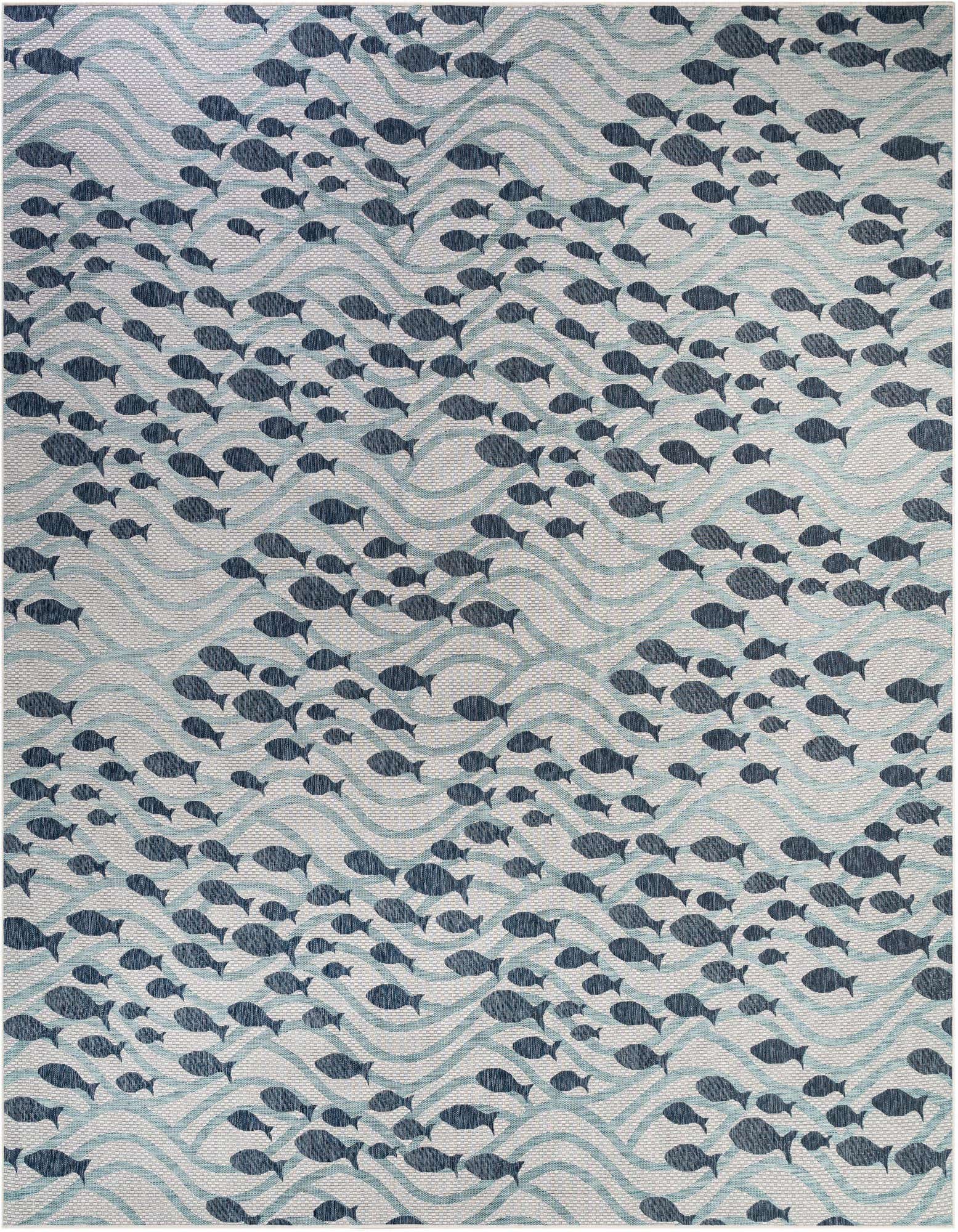 A 13' 0 x 13' 0 square blue indoor/outdoor rug with a modern fish and wave pattern, ideal for a patio.